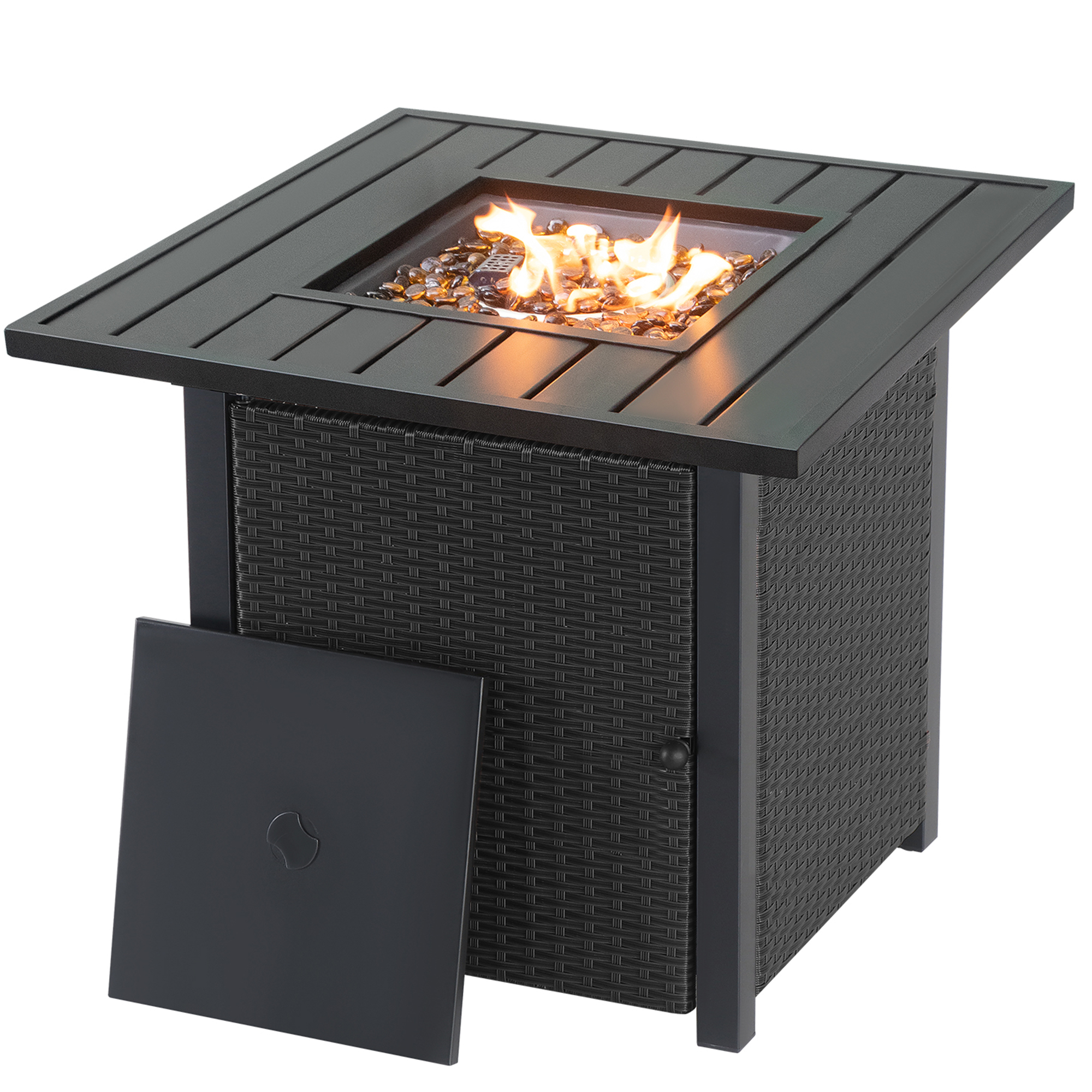 Propane Fire Pit Table Wicker 28in 40,000 BTU, Patio Outdoor LP Rattan Gas FirePit Steel Tabletop with Lid and Fire Glass Beads CSA Certified, Black-Boyel Living