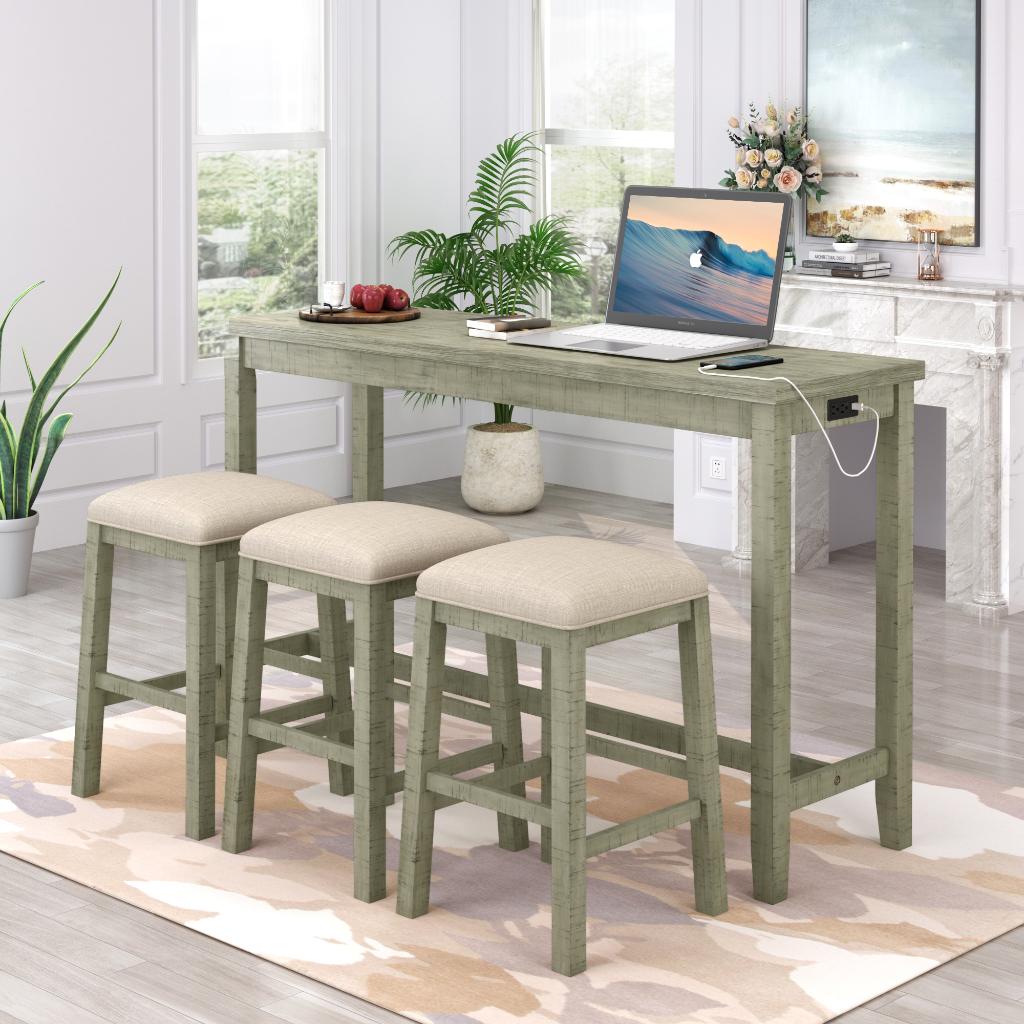 4 Pieces Counter Height Table with Fabric Padded Stools,Rustic Bar Dining Set with Socket,Gray Green-Boyel Living