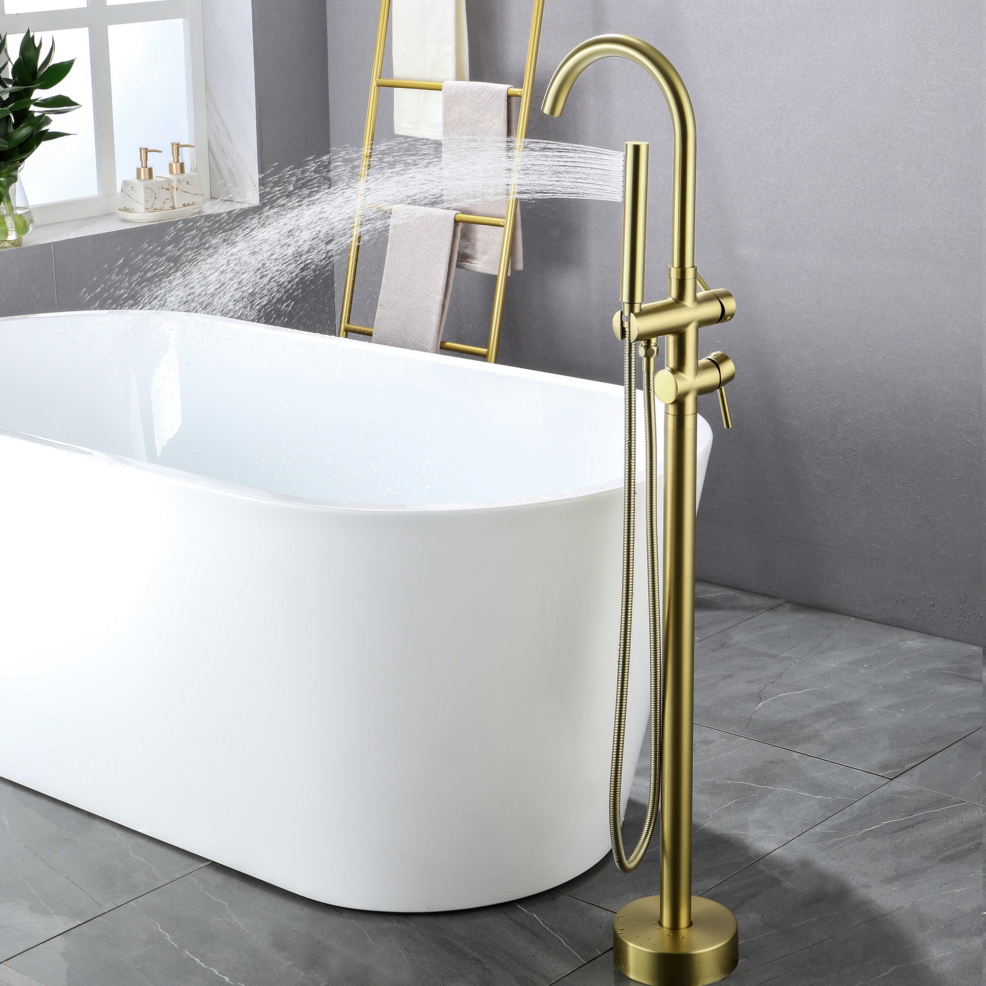 Boyel Living Freestanding Floor Mount 2-Handle Bath Tub Filler Faucet with Handheld Shower-Boyel Living