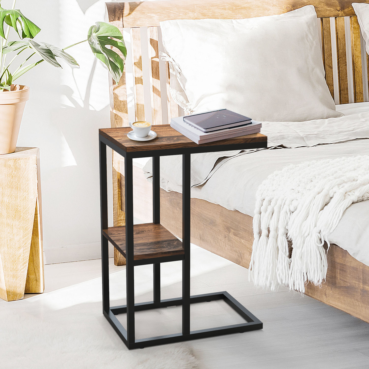 C Shaped Side Table Snack end Table with Storage Shelf Under The Sofa Overbed Table for Sofa Couch Living Room Bedroom  Small Spaces-Boyel Living