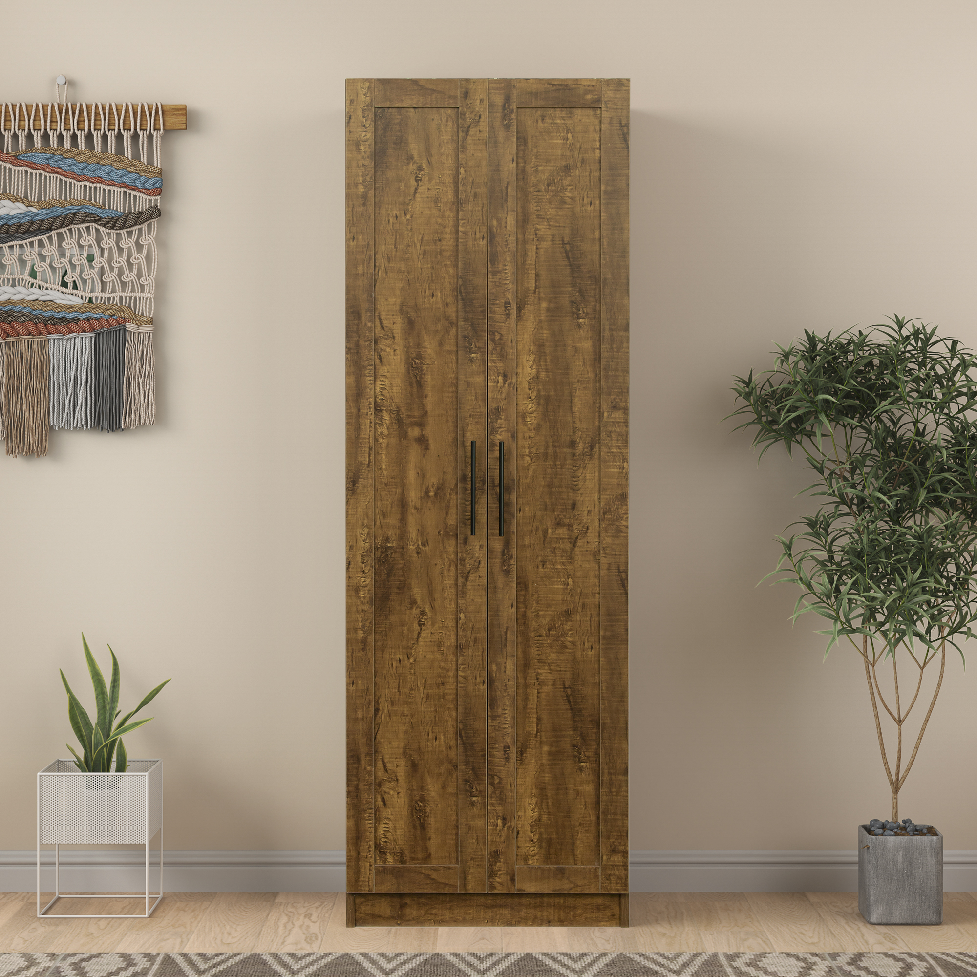 High wardrobe and kitchen cabinet with 2 doors and 3 partitions to separate 4 storage spaces, walnut-Boyel Living