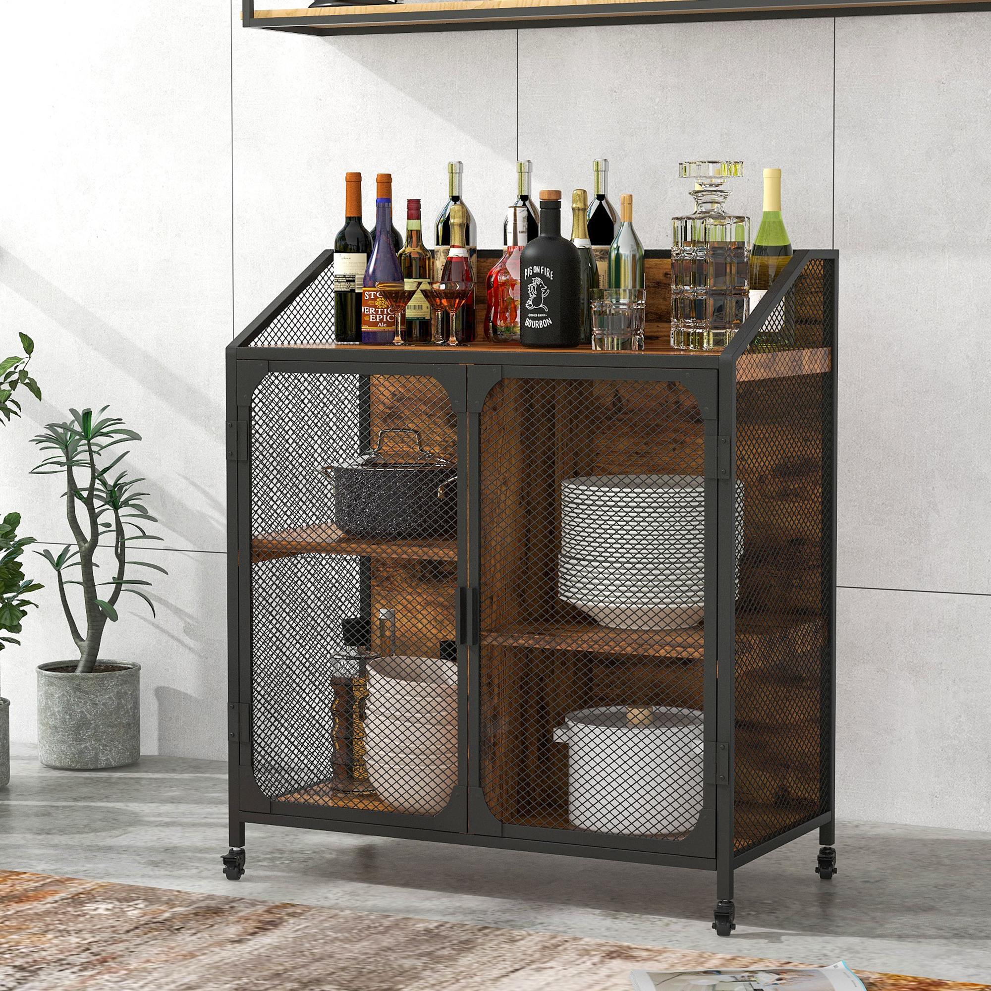 Cabinet Metal Mesh Double Door with Universal Wheel,  Different Space Size Kitchen Cart (Distressed Brown)-Boyel Living