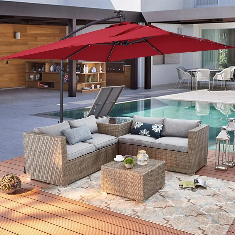 8.5Ft Square 32 LED Solar Outdoor Market Cantilever Patio Umbrella with Aluminum Hanging Umbrella with Tilt and Base-Boyel Living