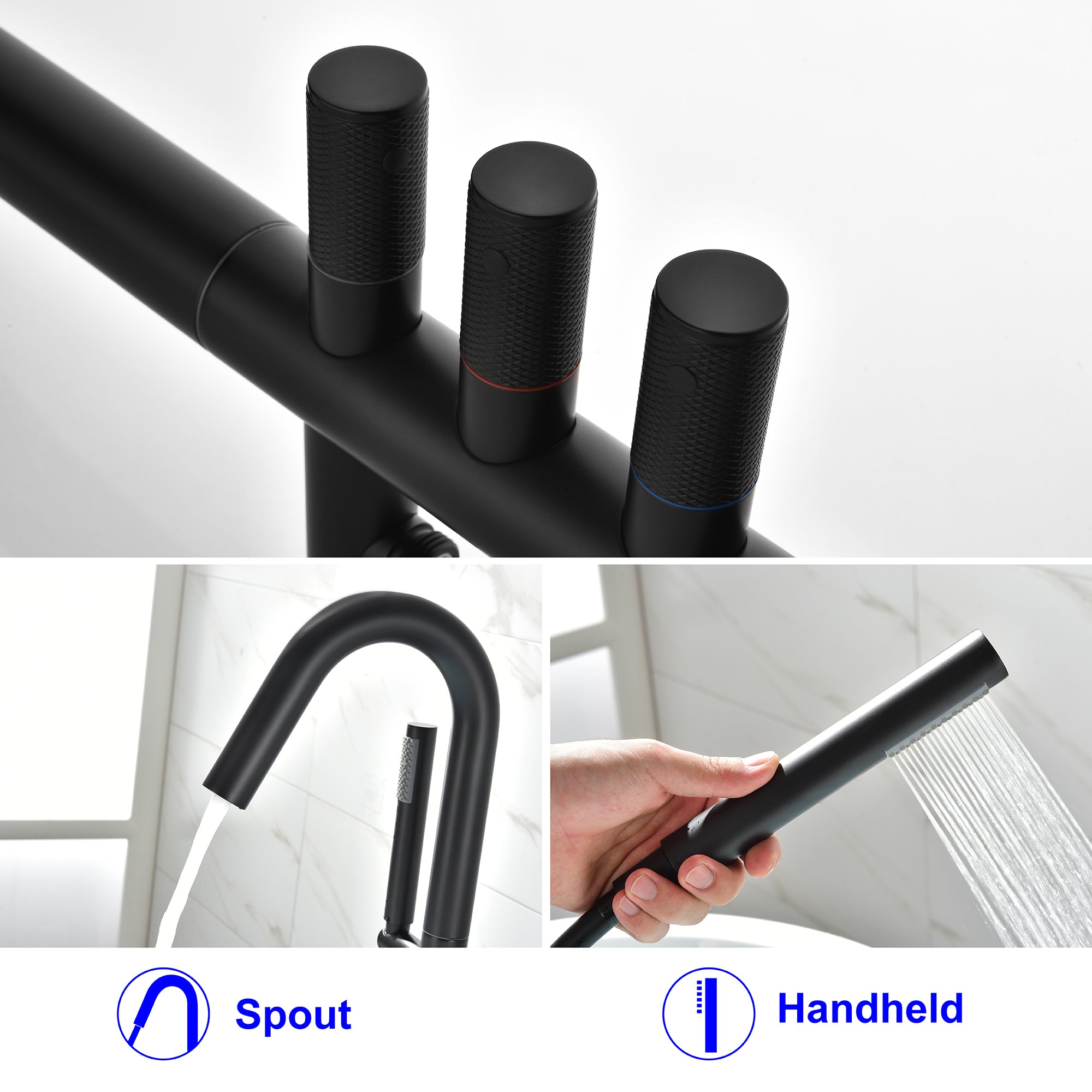 Boyel Living Freestanding Floor Mount 3-Handle Bath Tub Filler Faucet with Handheld Shower and Water Supply Lines in Matte Black-Boyel Living