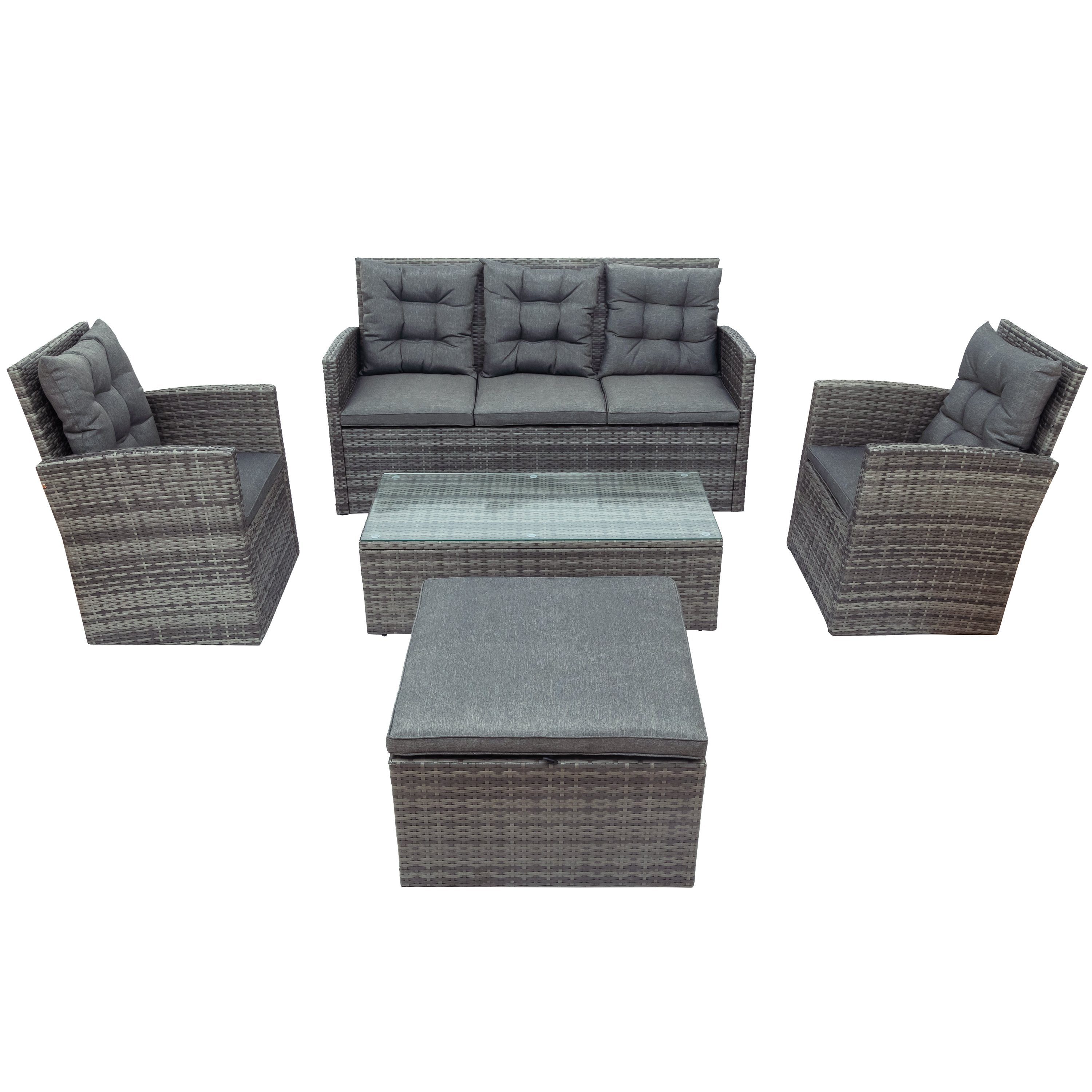 5-piece UV-proof Outdoor Patio Furniture Set with Storage Bench All Weather PE Wicker Coversation Set with Glass Table, Gray-Boyel Living