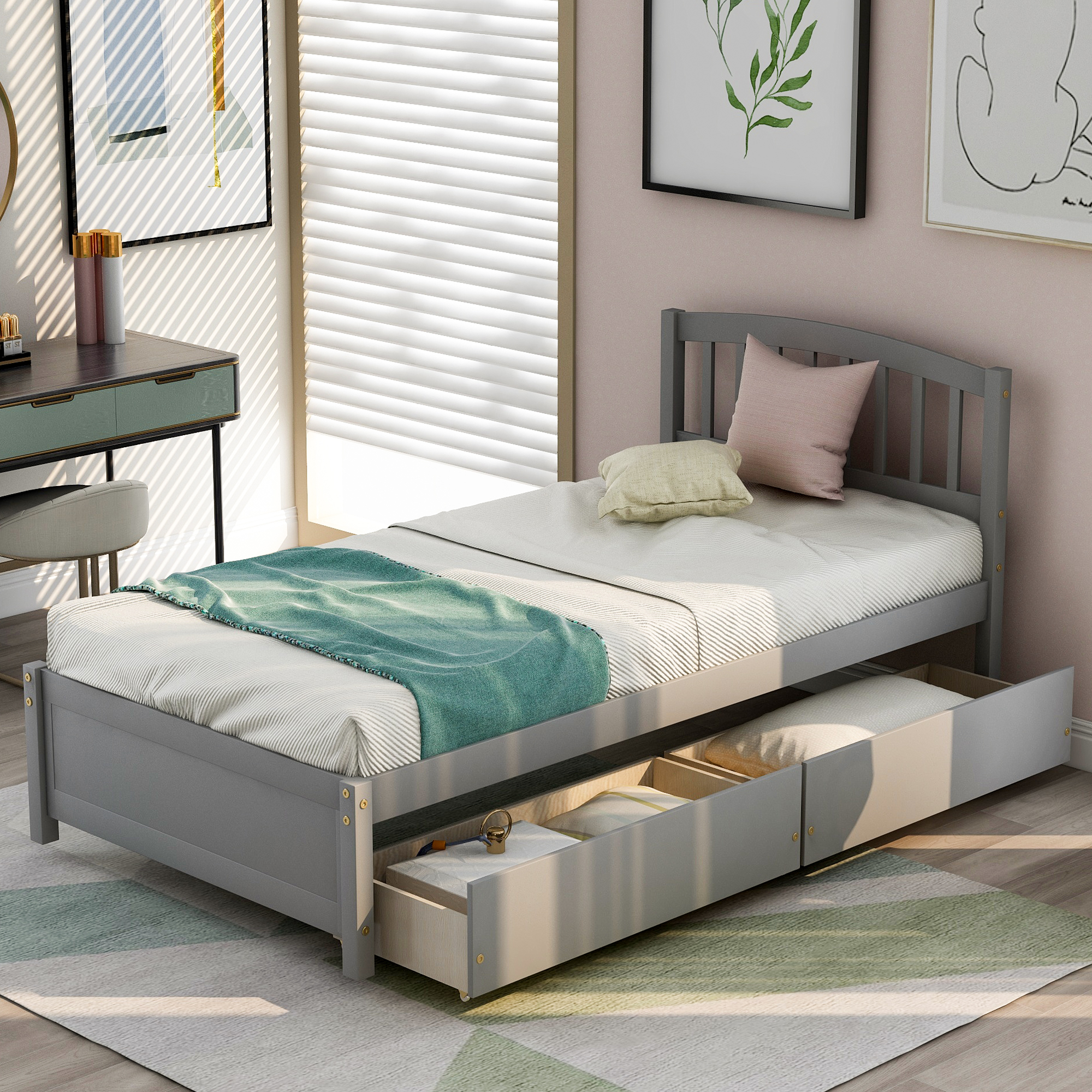 Twin Platform Storage Bed Wood Bed Frame with Two Drawers and Headboard, Gray-Boyel Living