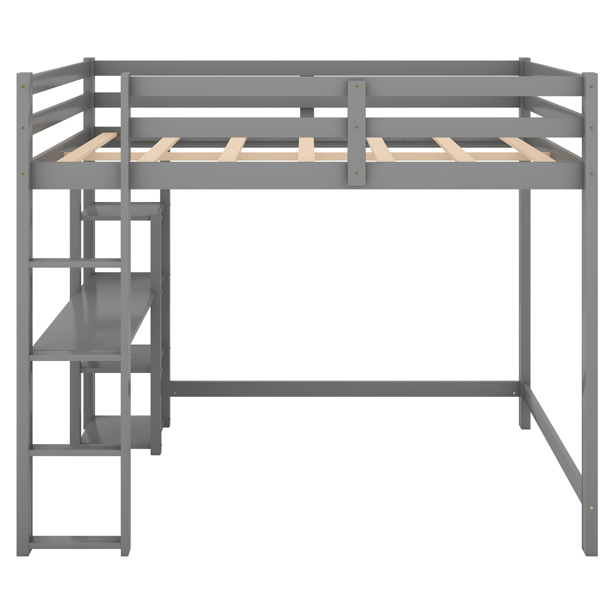 Full Size Loft Bed with Built-in Desk and Shelves,White/Gray