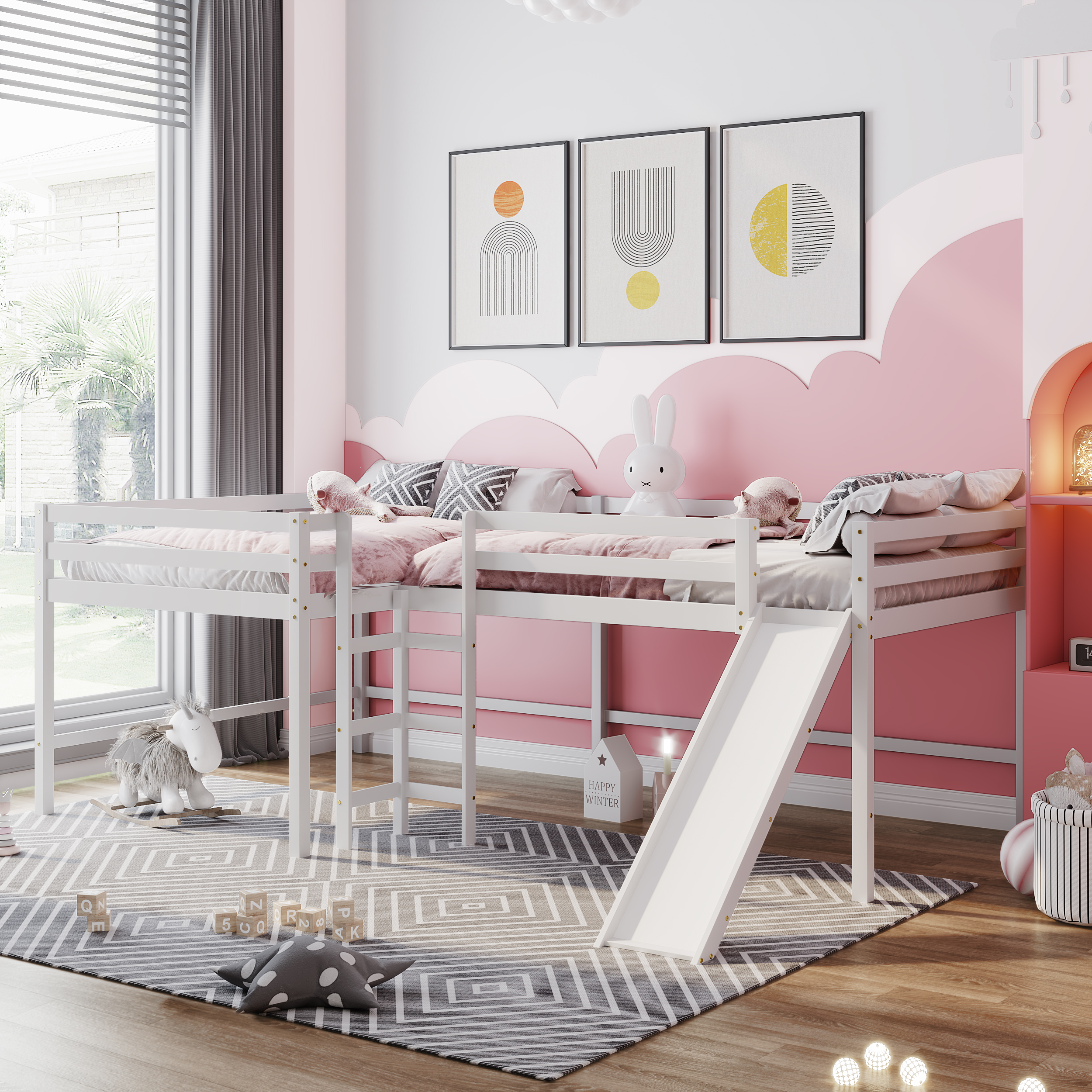 Full Size L-Shaped Loft Bed with Built-in Ladders and Slide,Wooden Loft Beds,White(OLD SKU :LP000112AAK）-Boyel Living