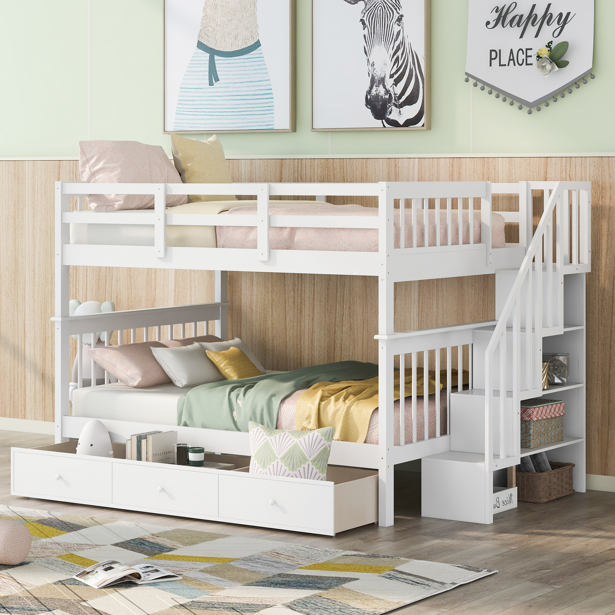 Stairway Full-Over-Full Bunk Bed with Drawer, Storage and Guard Rail for Bedroom, White color( old sku: LP000310AAK )-Boyel Living
