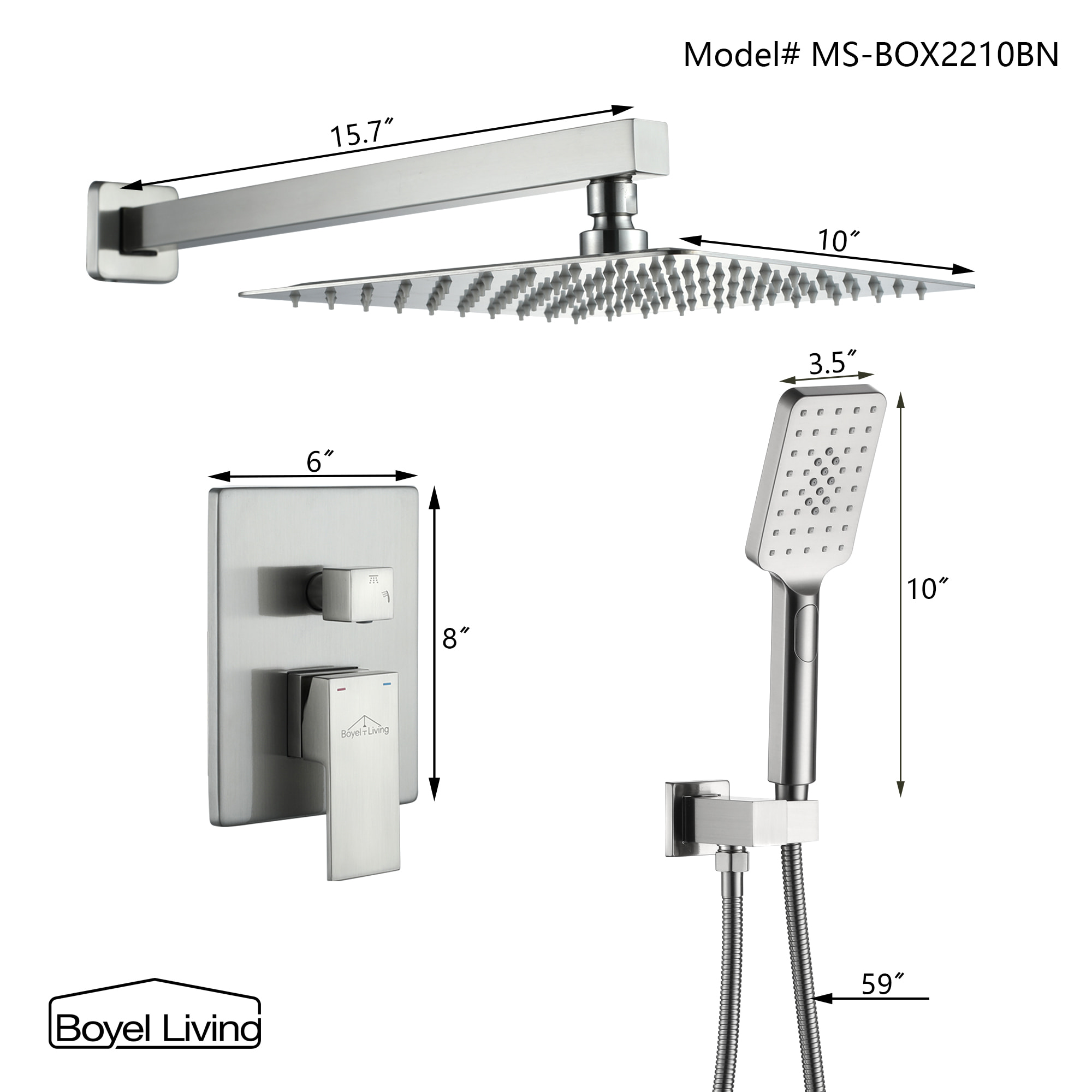Boyel Living 10 in. 2.5 GPM Wall Mount Rain Dual Shower Heads Shower System in Brushed Nickel/Matte Black-Boyel Living