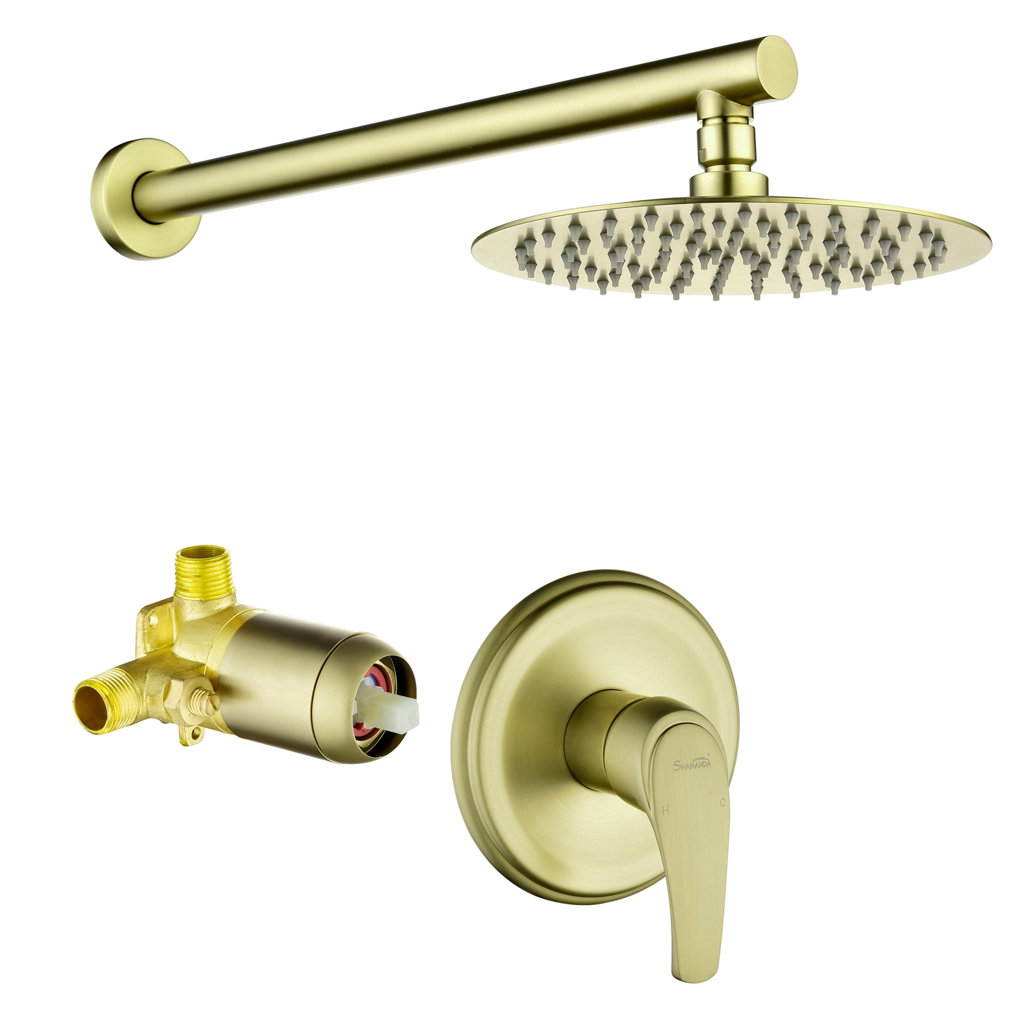 Boyel Living 1-Spray Patterns with 2.5 GPM 8 in. Wall Mount Rain Fixed Shower Head with Single Lever Handle and Valve in Brushed Gold-Boyel Living