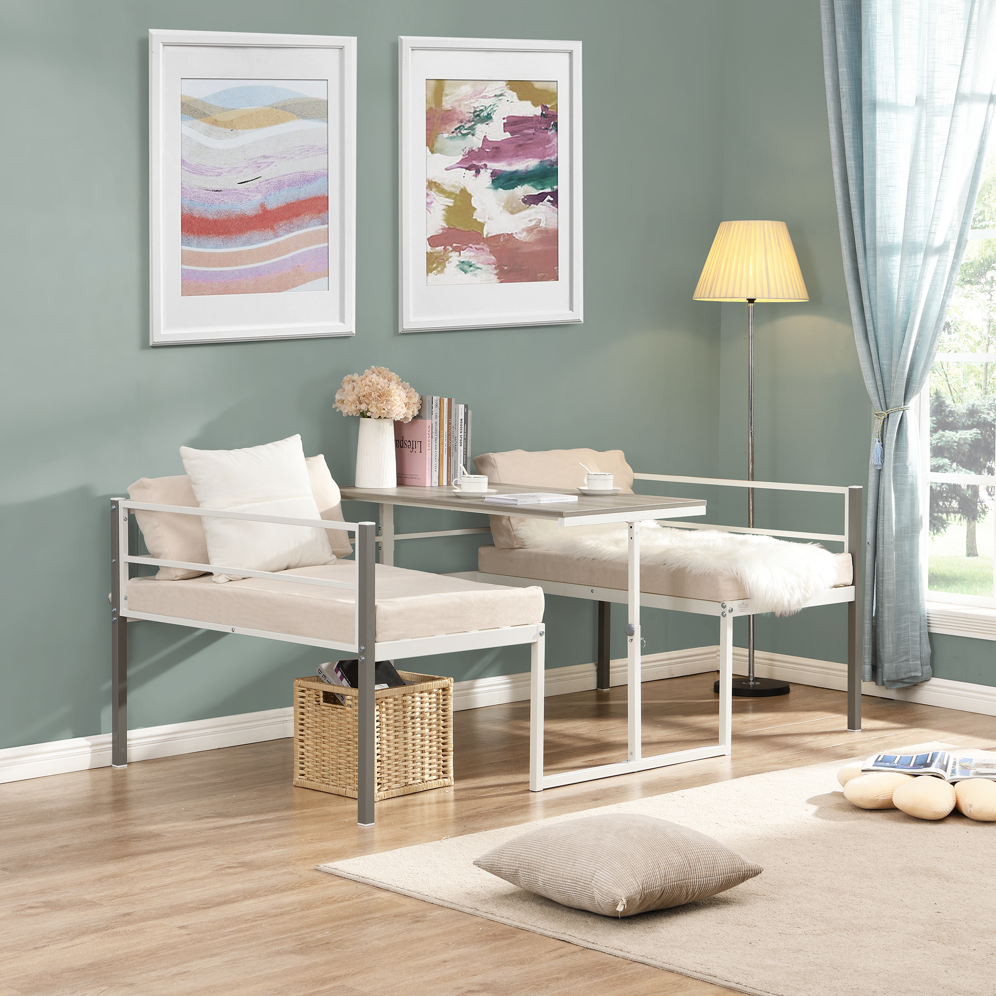 Twin Size Adjustable Metal Daybed with Built-in-Desk can be Raised and Lowered , White-Boyel Living