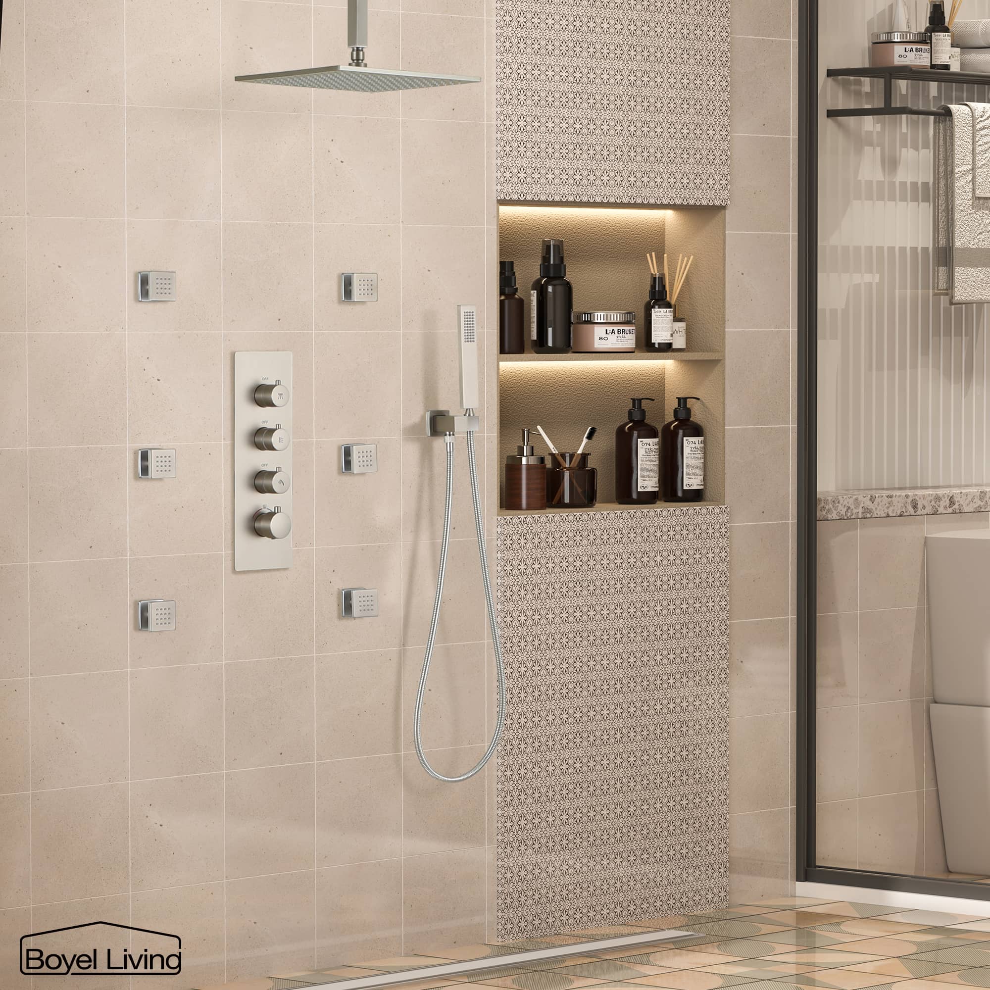 Boyel Living Luxury 6 Jets Thermostatic Shower System Combo Set with Ceiling Rainfall Shower Head and Handshower-Boyel Living