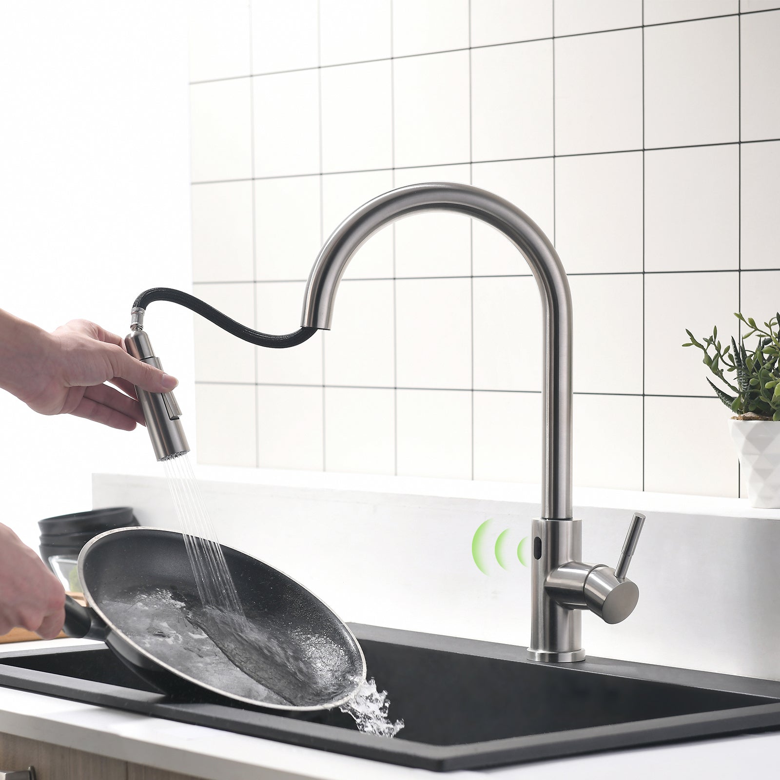 Single-Handle Touchless Pull-Out Sprayer Kitchen Faucet with Water Supply Lines in Brushed Nickel( Deckplate and Batteries Not Included )-Boyel Living