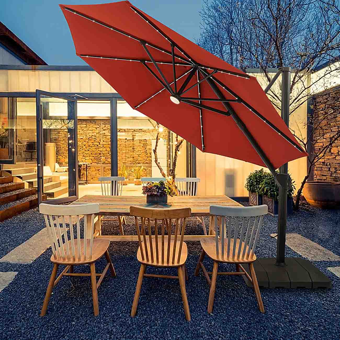 11Ft Solar Tube Light-Emitting Diode Patio Round Umbrella Outdoor Market Hanging Aluminum Umbrella with Crank and Base-Boyel Living