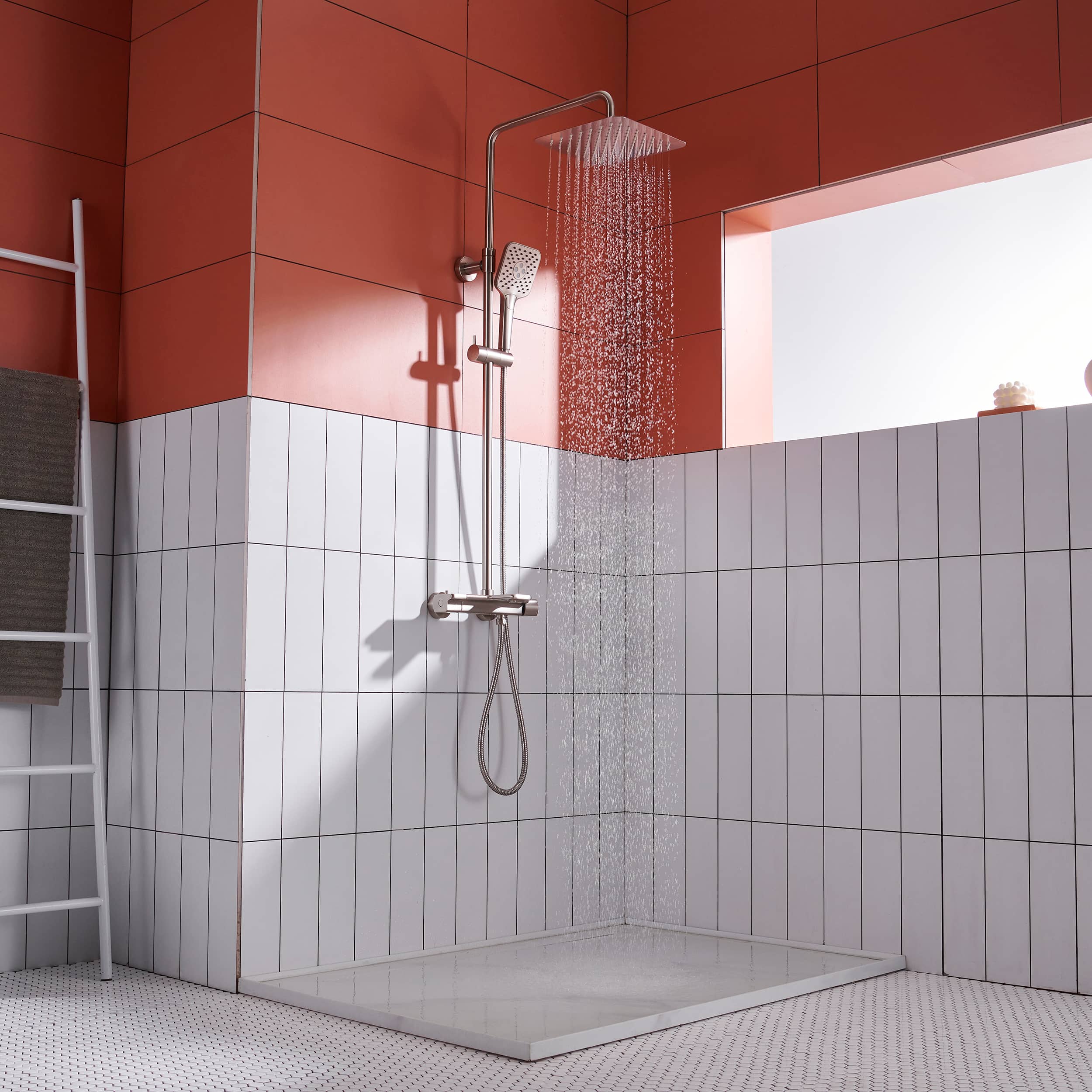 10 in. Wall Mount Thermostatic Rain Shower System with Handheld Shower and Tub Spout in Brushed Nickel-Boyel Living