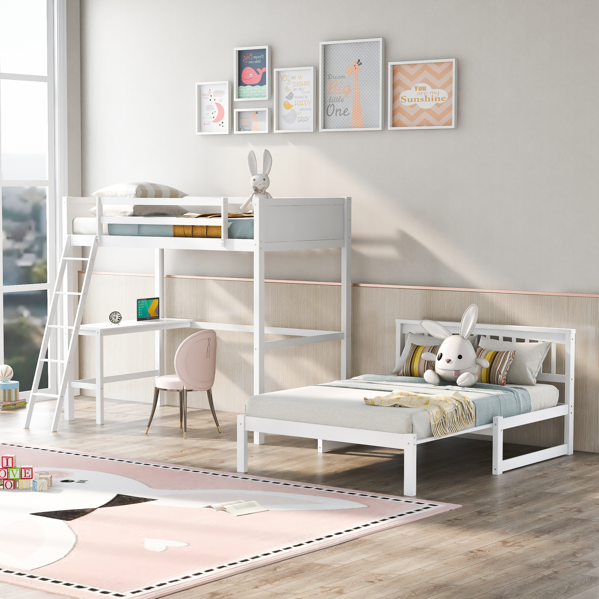 Twin Size Loft Bed Wood Bed with Convertible Lower Bed and Desk ( White )-Boyel Living