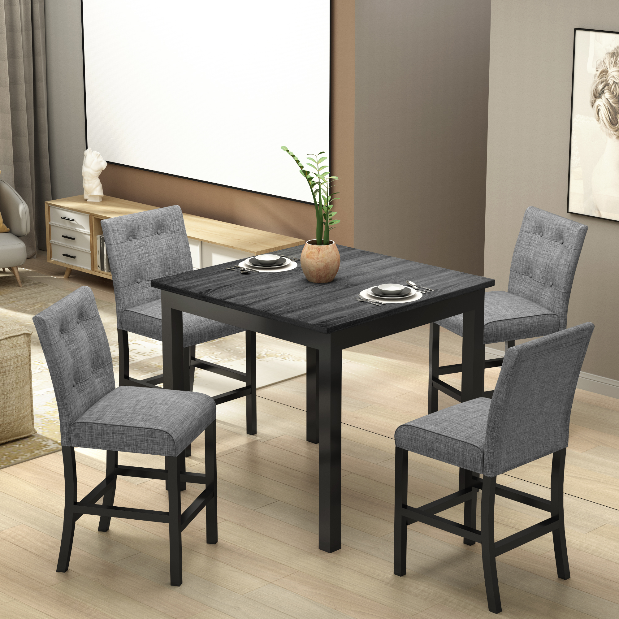 5 Piece Counter Height Dining Set Wood Square Dining Room Table and Chairs Stools w Footrest 4 Upholstered high back Chairs