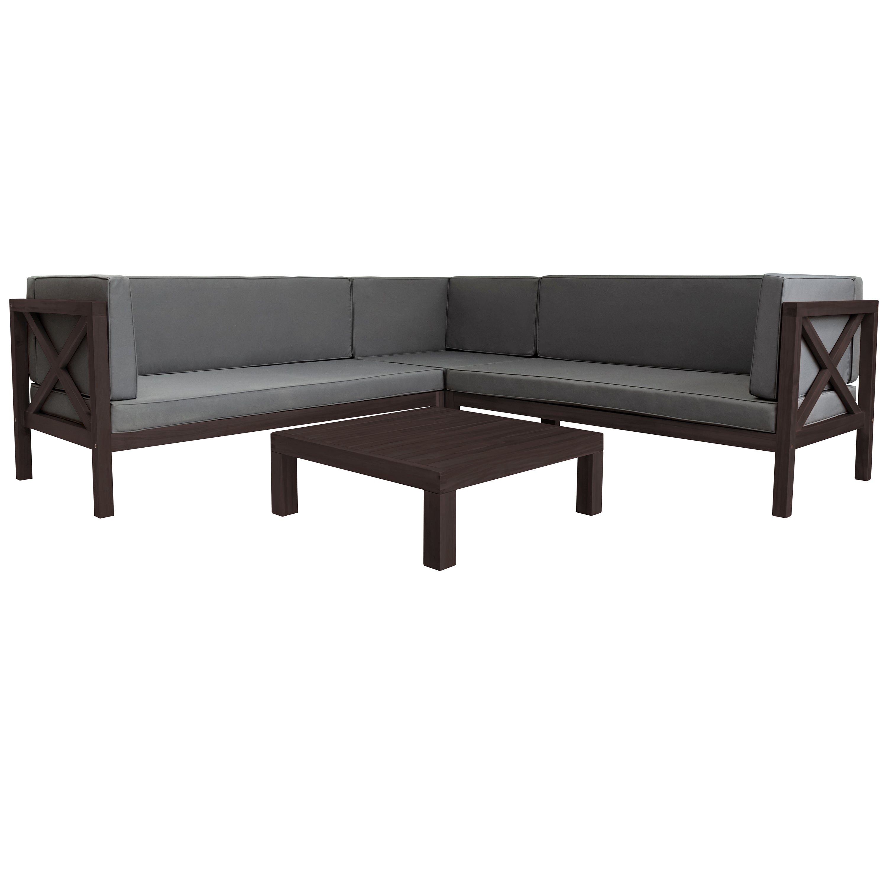 4-Piece Patio Wood Sectional Seating Group with Cushions and Table X-Back Sofa Set-Boyel Living