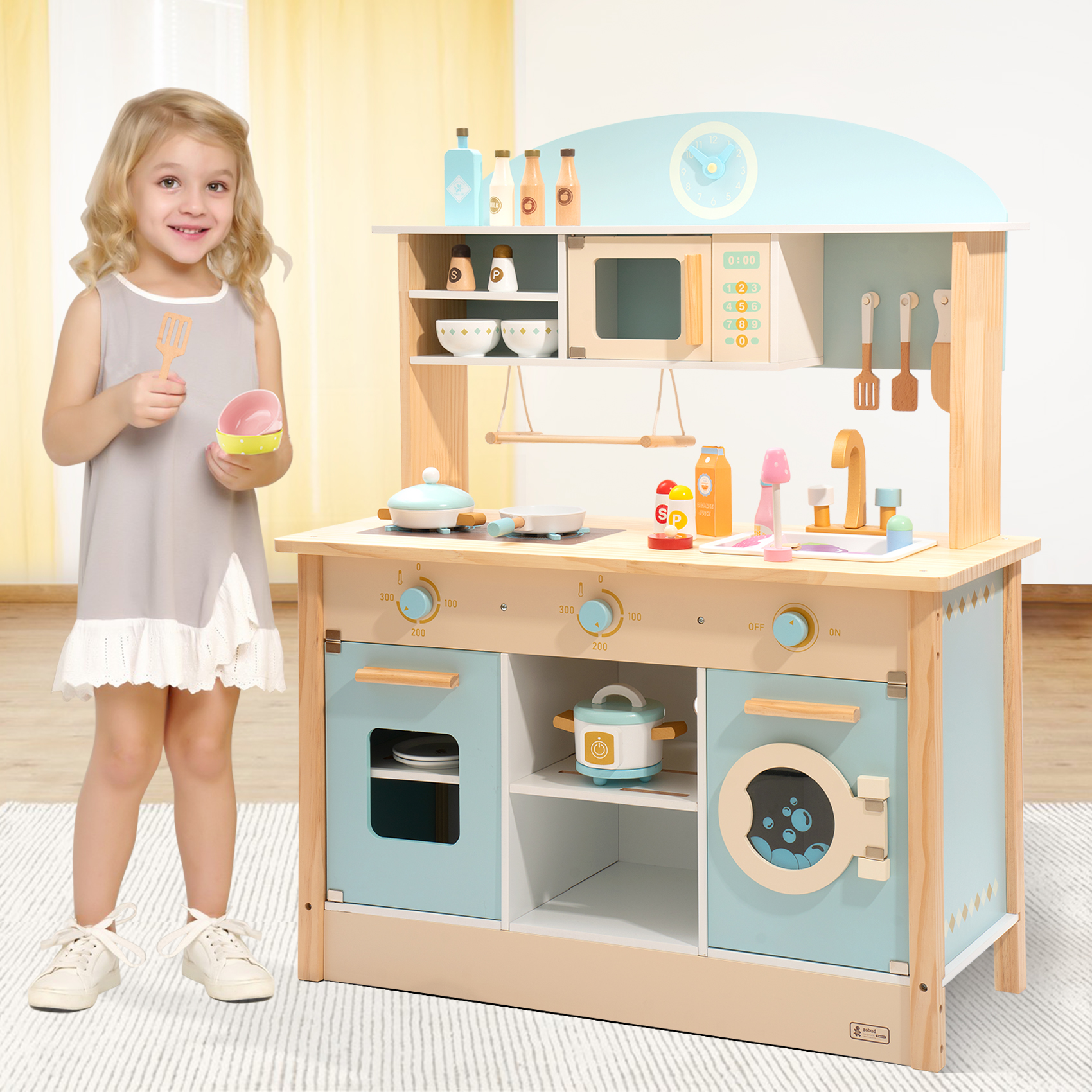 Wooden Kitchen Playset with Washing machine and microwave,S-Boyel Living