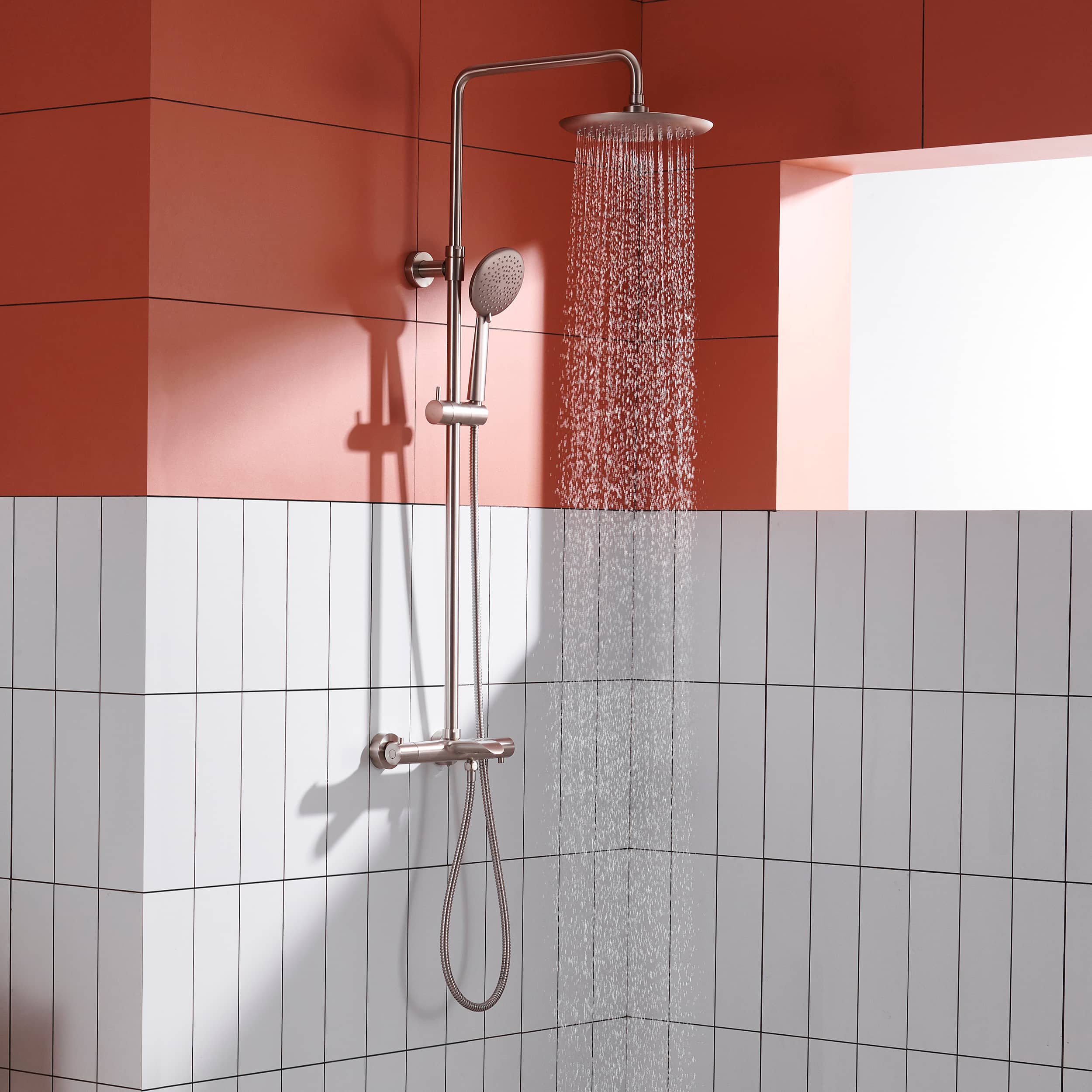 3 Function Wall Mount Round Thermostatic Rain Shower System with Tub Spout in Brushed Nickel-Boyel Living