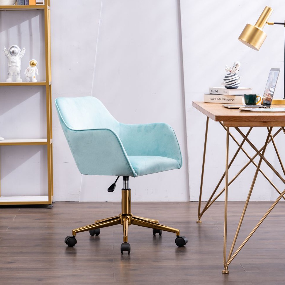 Modern Velvet Light blue Material Adjustable Height 360 revolving Home Office Chair with Gold Metal Legs and Universal Wheel for Indoor-Boyel Living