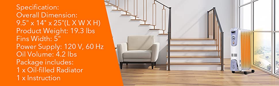 1500W Electric Oil Filled Radiator with 4 Bottom Wheels