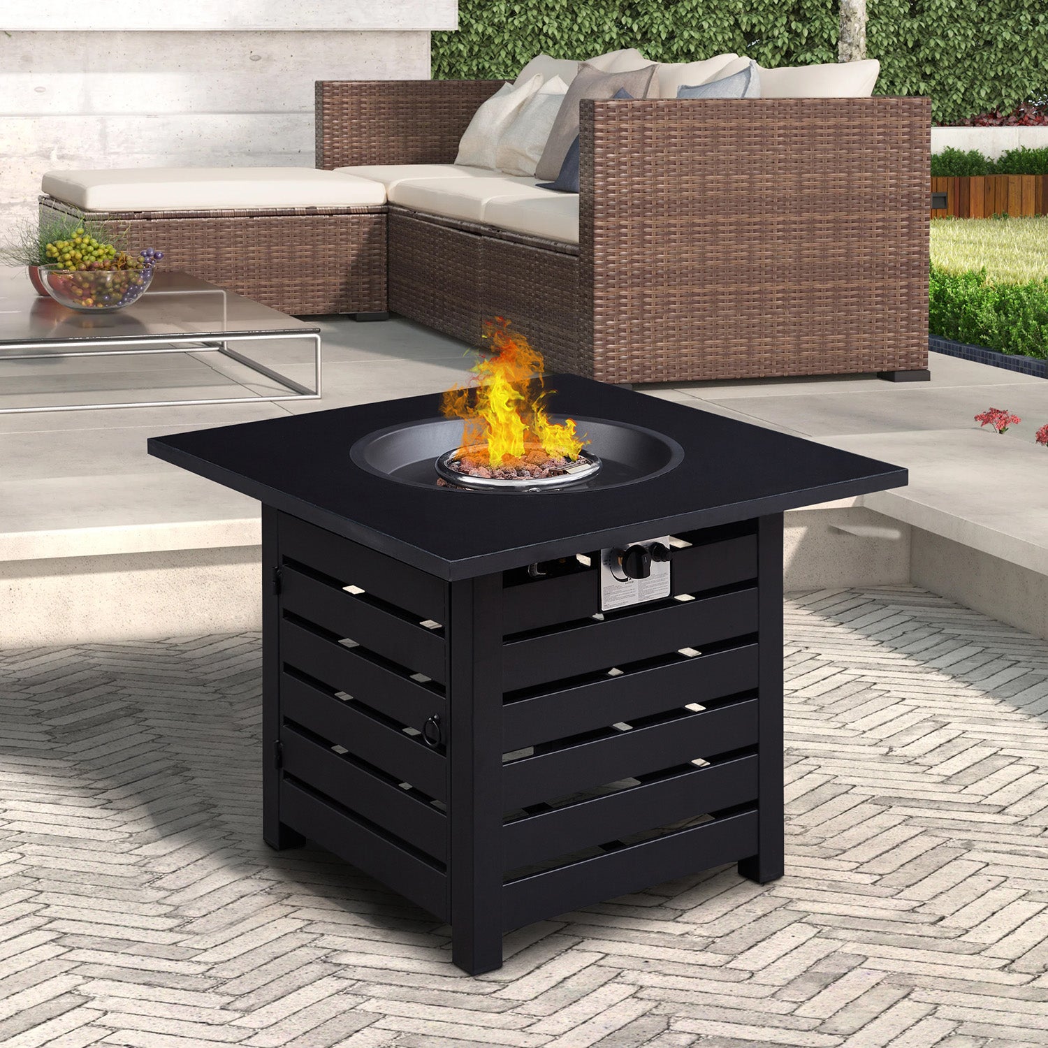 Black Fire Pit Table, 32-inch Square 50,000 BTU Auto-Ignition Propane Gas Firepit with Waterproof Cover-Boyel Living