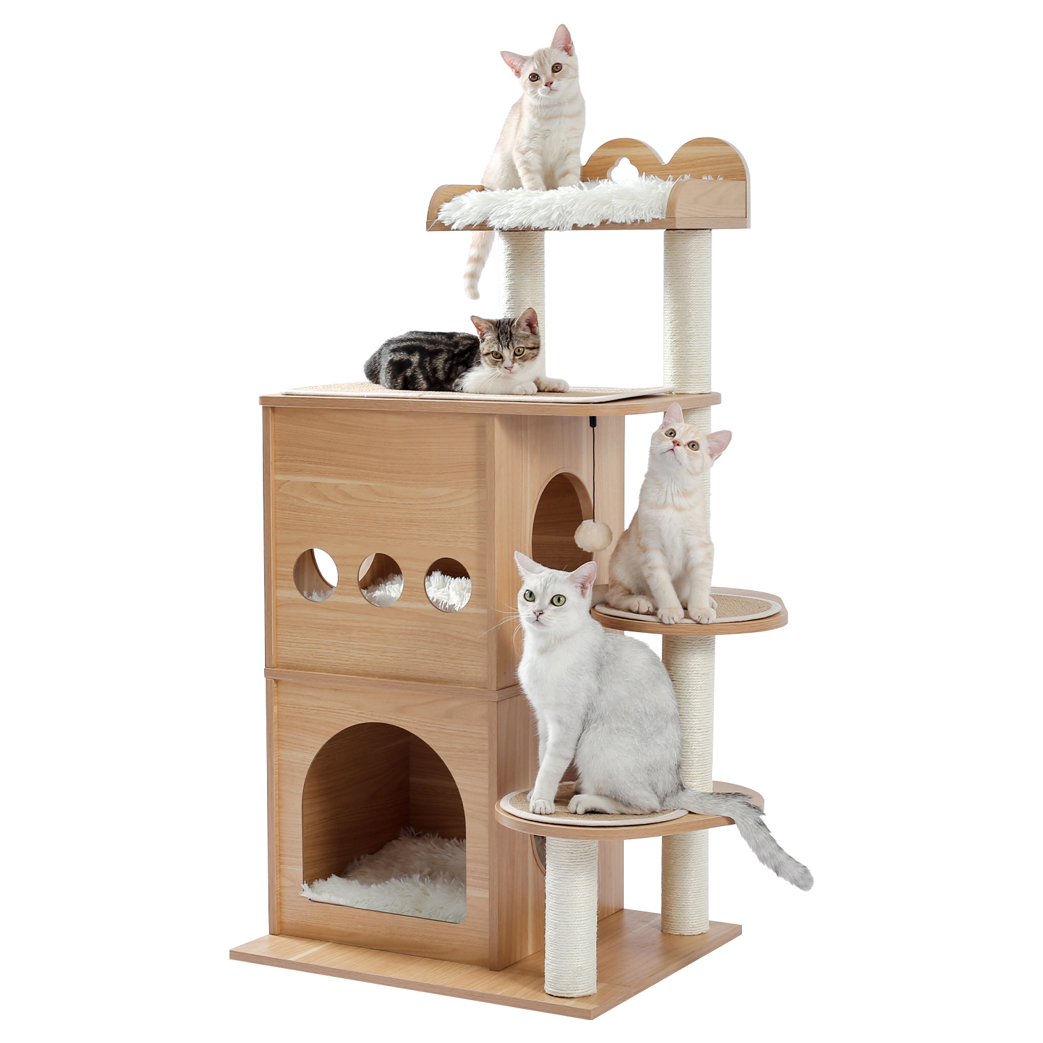 Modern Cat Tree Wooden Multi-Level Cat Tower, Deeper Version of Cat Sky Castle with 2 Cozy Condos, Luxury Perch and Interactive Dangling Balls Beige-Boyel Living