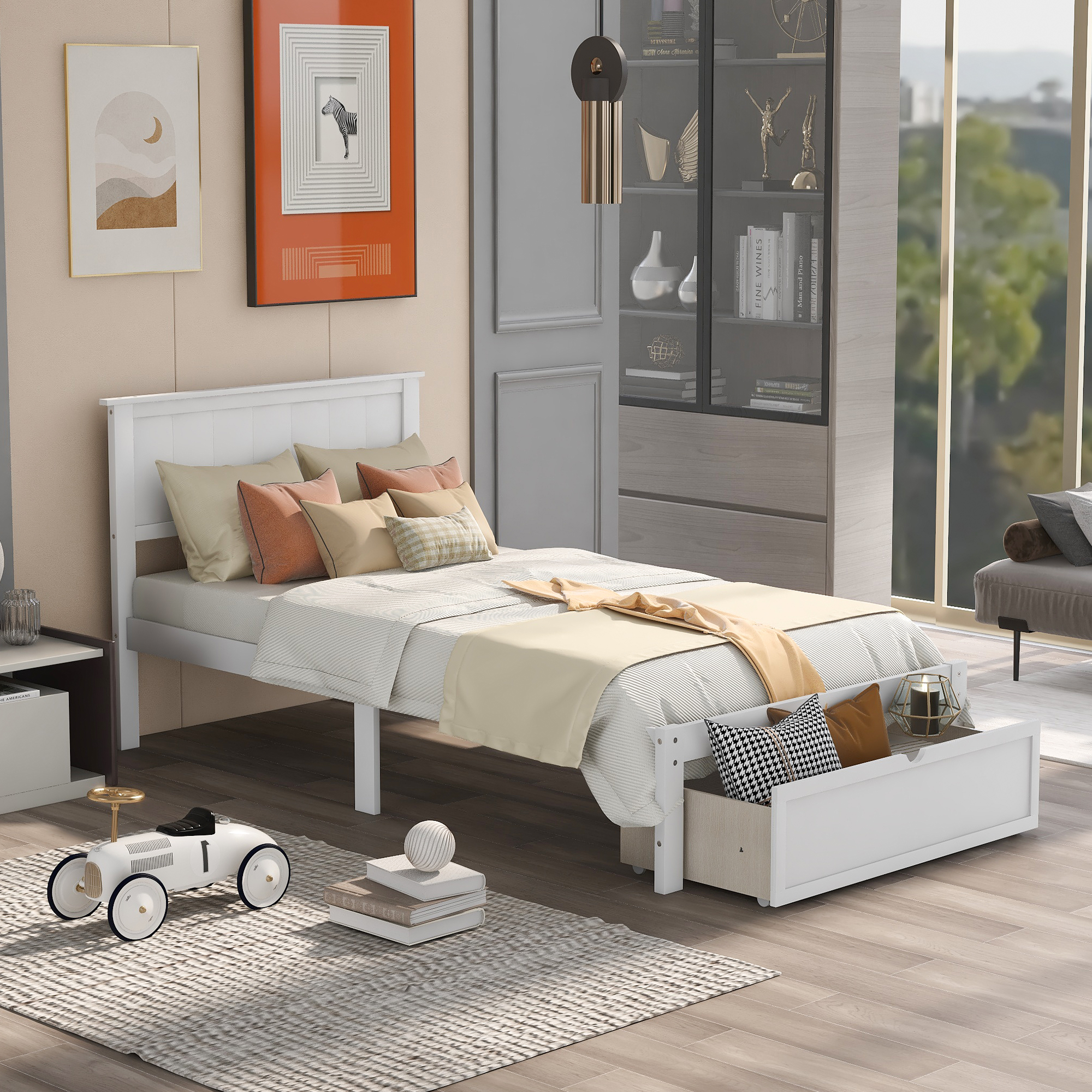 Twin Size Platform Bed with Under-bed Drawer, White-Boyel Living