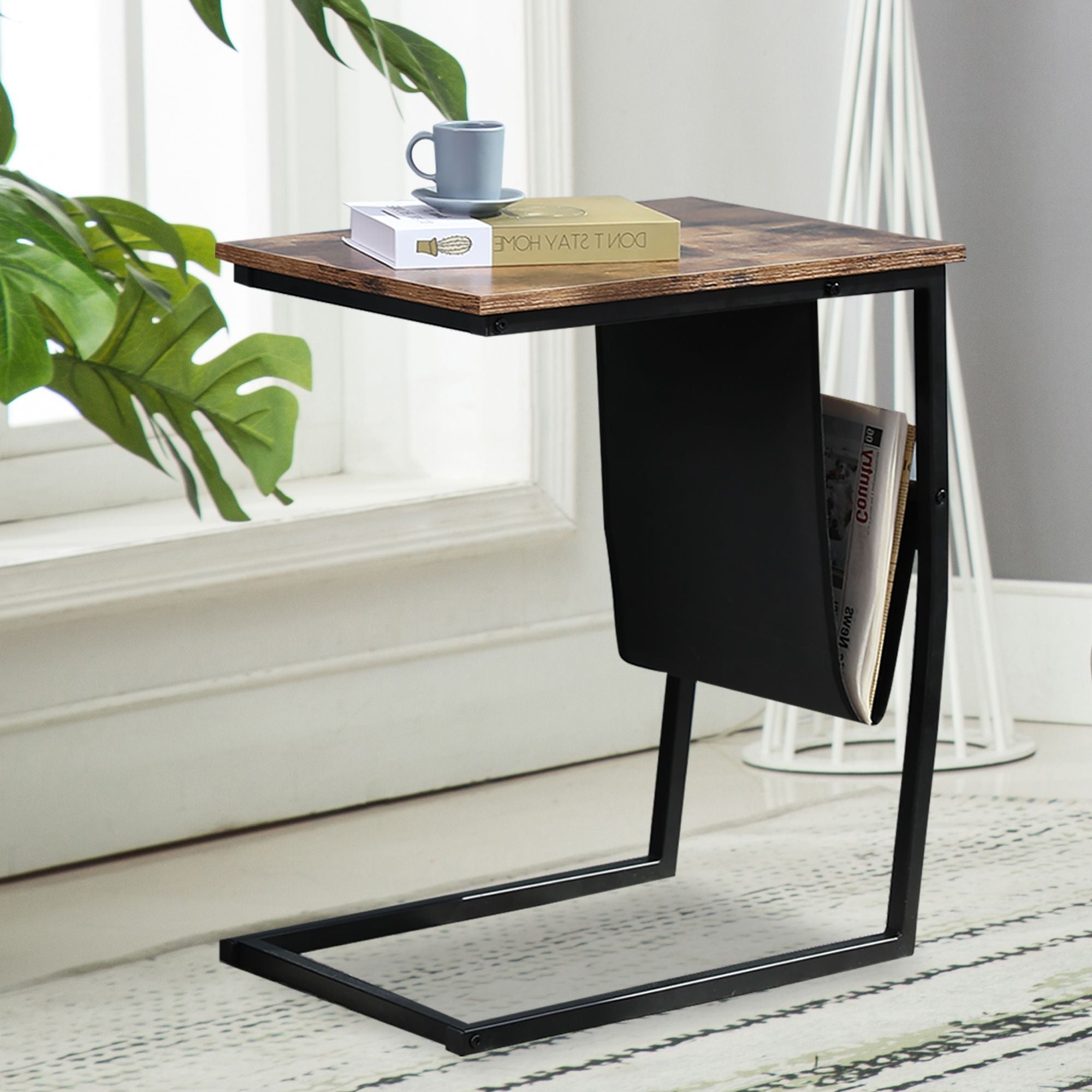 Industrial Side Table, Mobile Snack Table for Coffee Laptop Tablet, Slides Next to Sofa Couch, Wood Look Accent Furniture with Metal Frame-Boyel Living