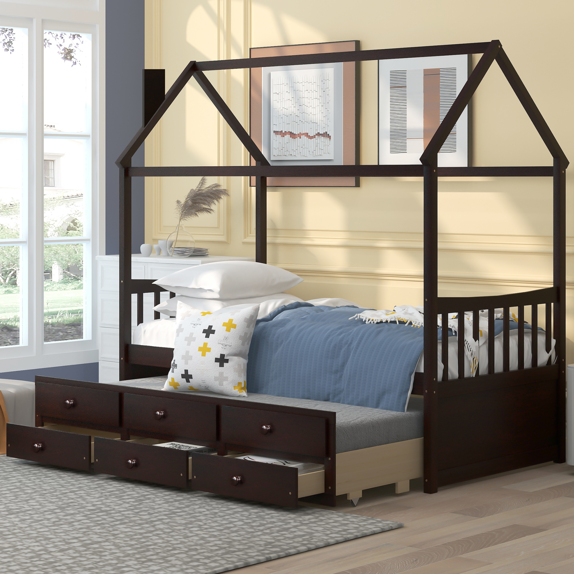 Twin size Wooden House Bed with Trundle and 3 Storage Drawers-Espresso-Boyel Living