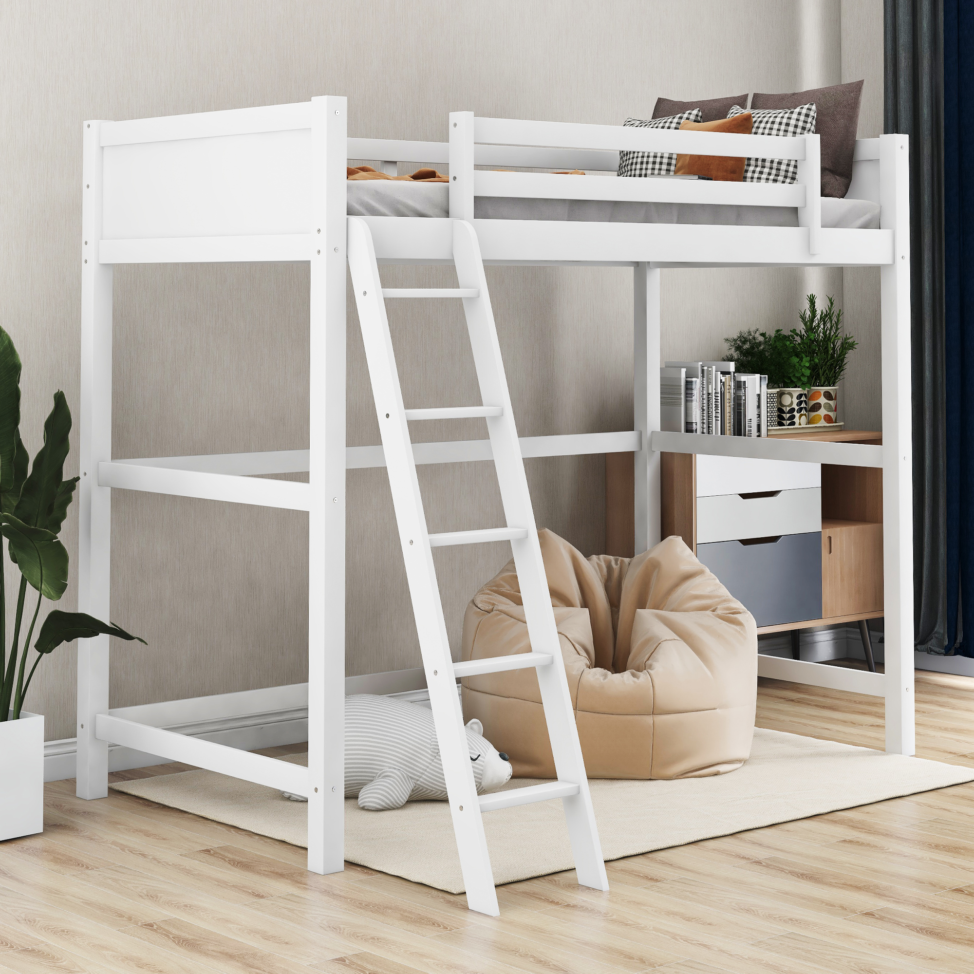 Solid Wood Twin Size Loft Bed with Ladder(White)(OLD SKU: WF191903AAK)-Boyel Living