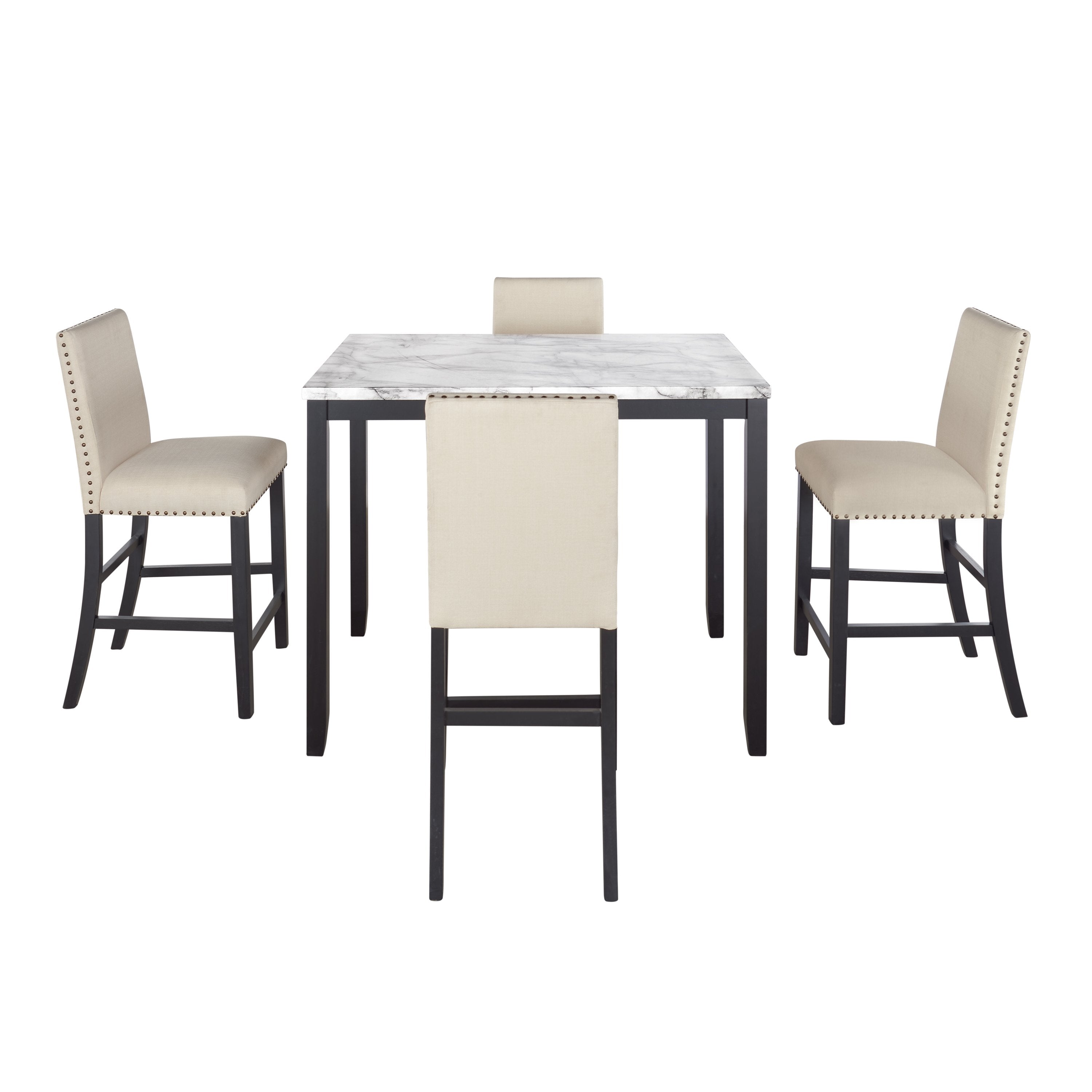 5 Piece Counter Height Faux Marble Modern Dining Set with Matching Chairs and Marble Veneer for Home, Beige-Boyel Living