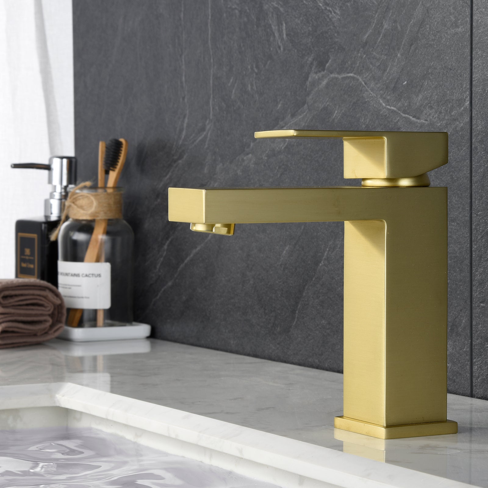Single Handle Single Hole Bathroom Faucet with Water Supply Lines in Brushed Gold-Boyel Living