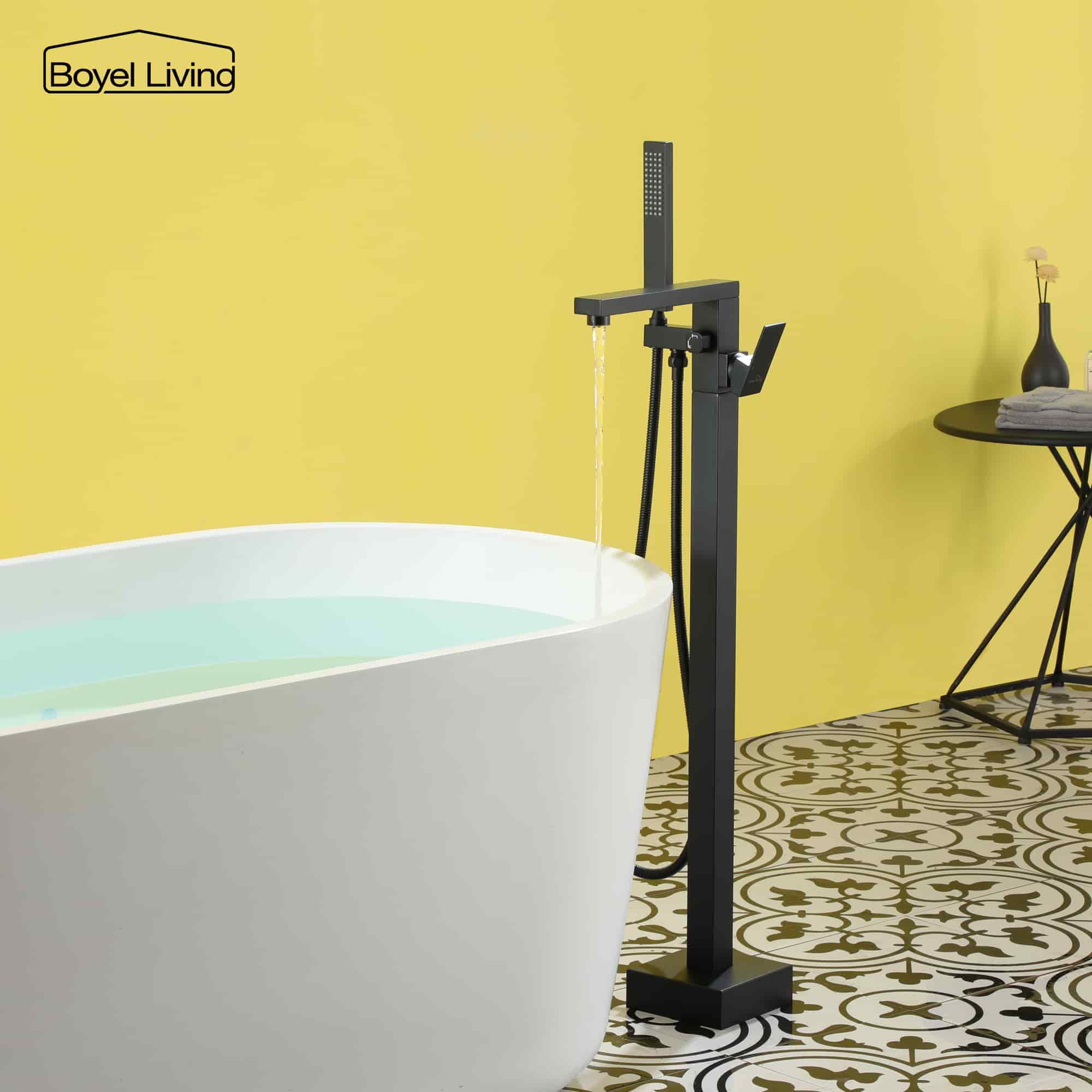 Boyel Living Freestanding Floor Mount Single Handle Bath Tub Filler Faucet with Handheld Shower in Matte Black-Boyel Living