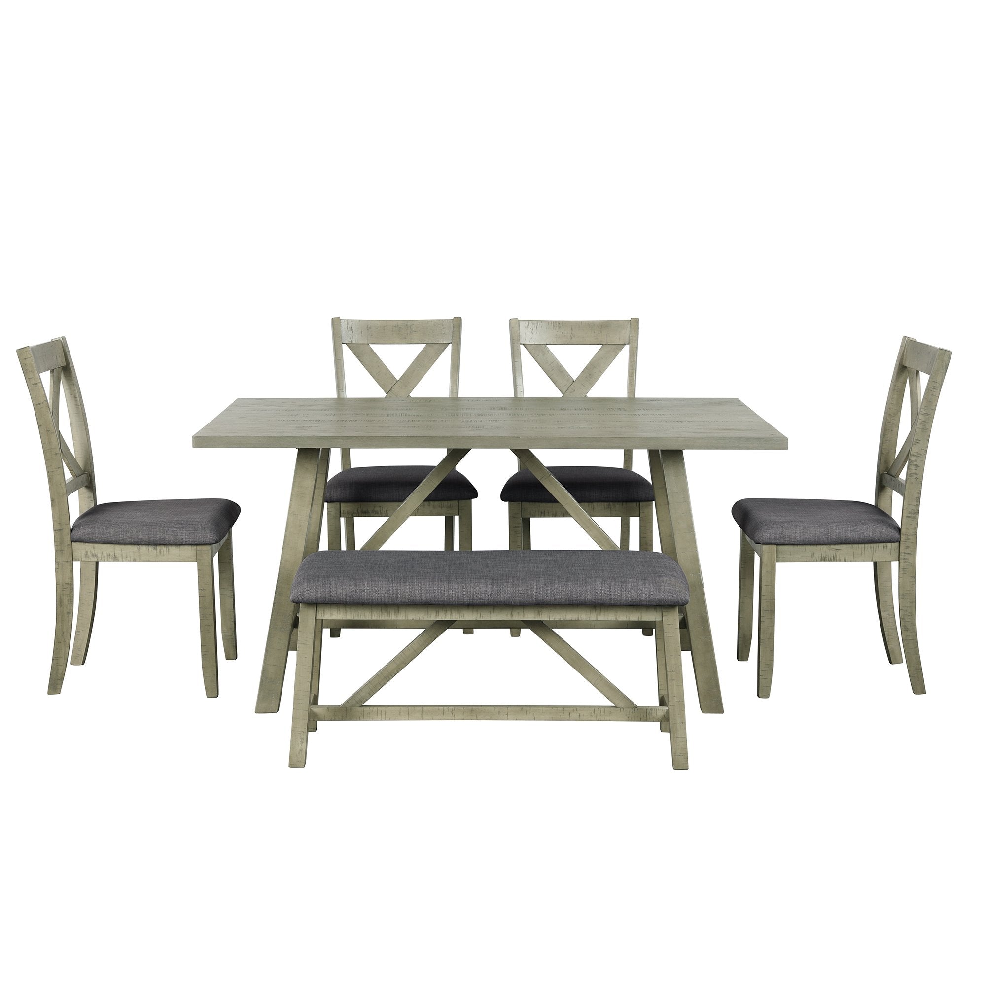 6 Piece Dining Table Set Wood Dining Table and chair Kitchen Table Set with Table, Bench and 4 Chairs, Rustic Style, Gray-Boyel Living