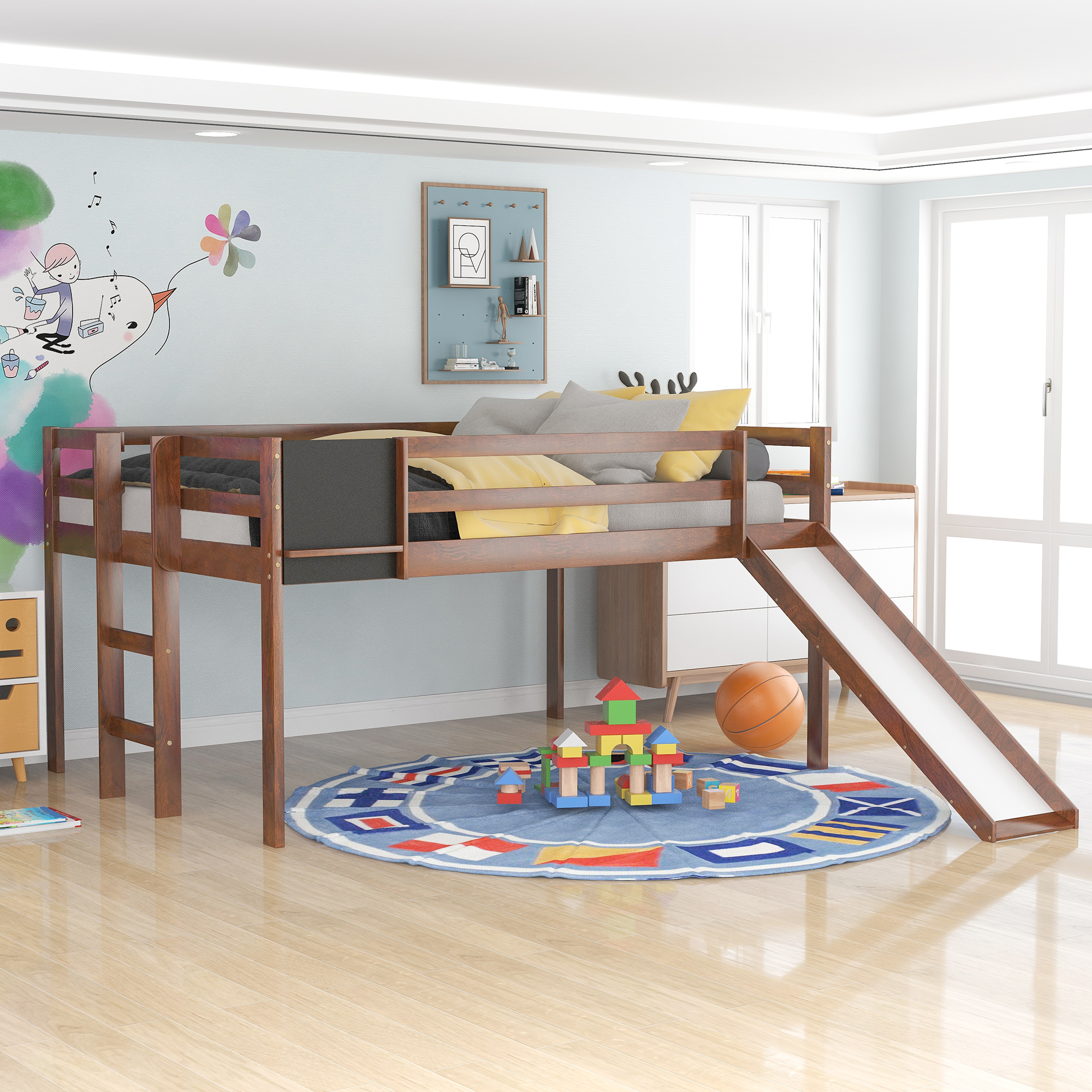 Full size Loft Bed Wood Bed with Slide, Stair and Chalkboard,Walnut-Boyel Living