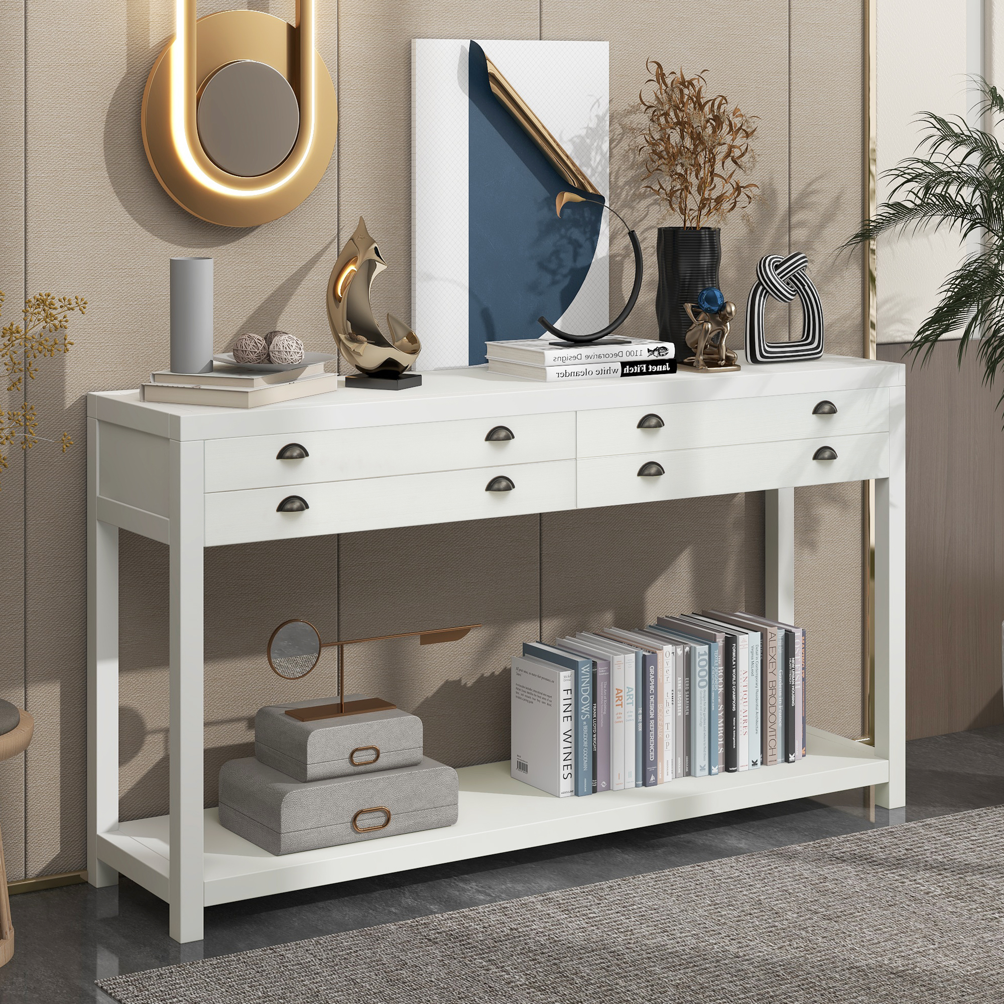 Retro Style Wooden Console Table with Two Big Top Drawers and Open Style Shelf Large Storage Space (White)-Boyel Living