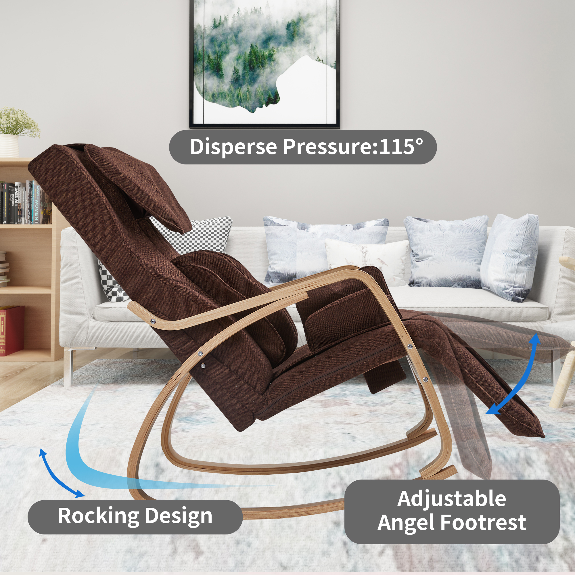 Full massage function-Air pressure-Comfortable Relax Rocking Chair, Lounge Chair Relax Chair with Cotton Fabric Cushion  Brown-Boyel Living