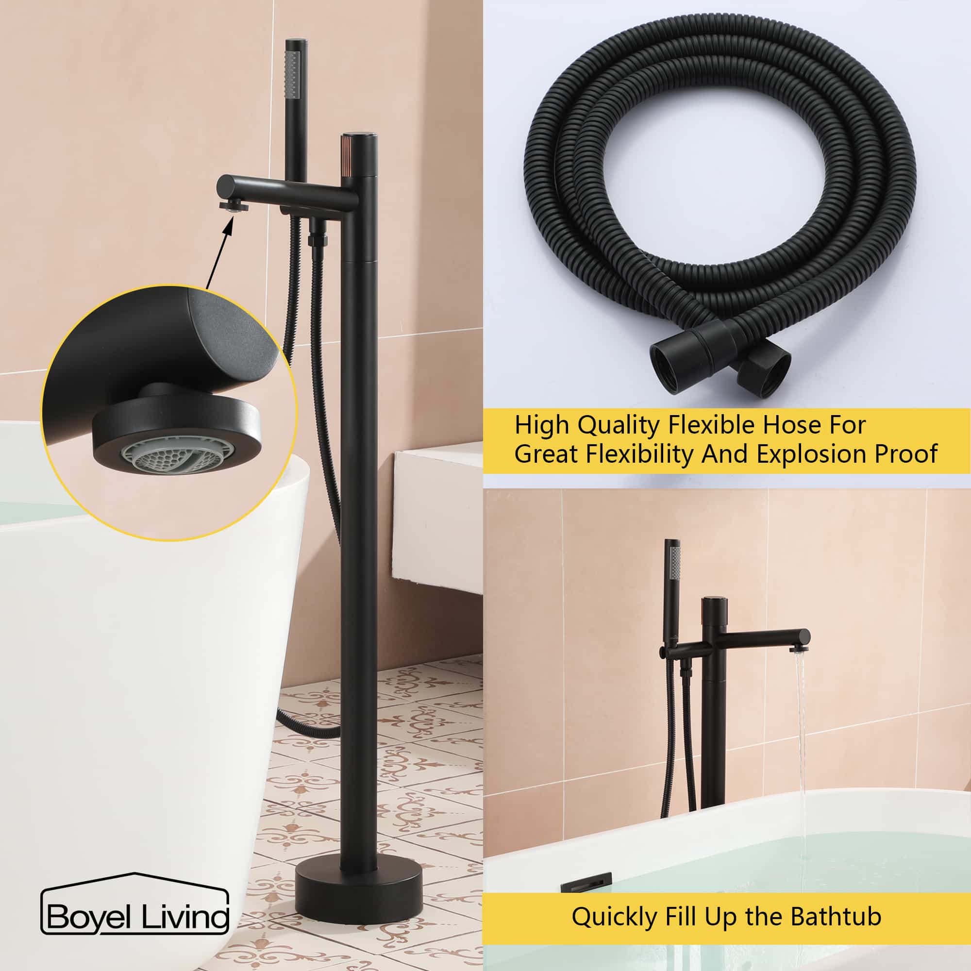 Boyel Living Floor Mounted Freestanding Tub Faucet with Handheld Shower in Matte Black-Boyel Living