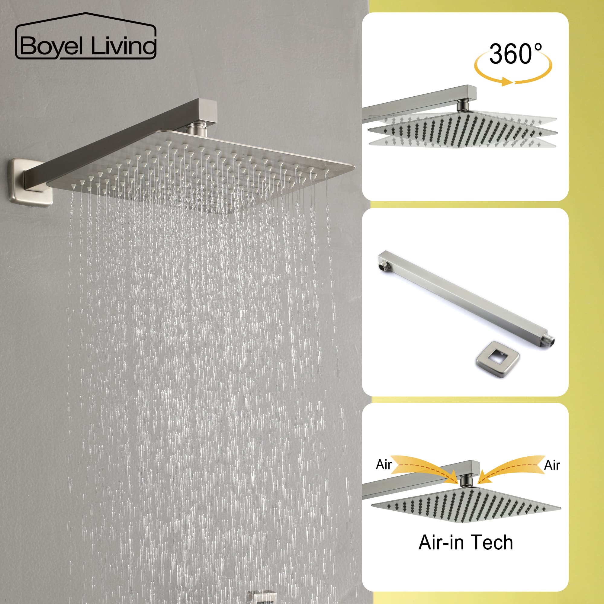 Boyel Living Wall Mount Rainfall Complete Shower System in Brushed Nickel, 10/12 in. -Boyel Living