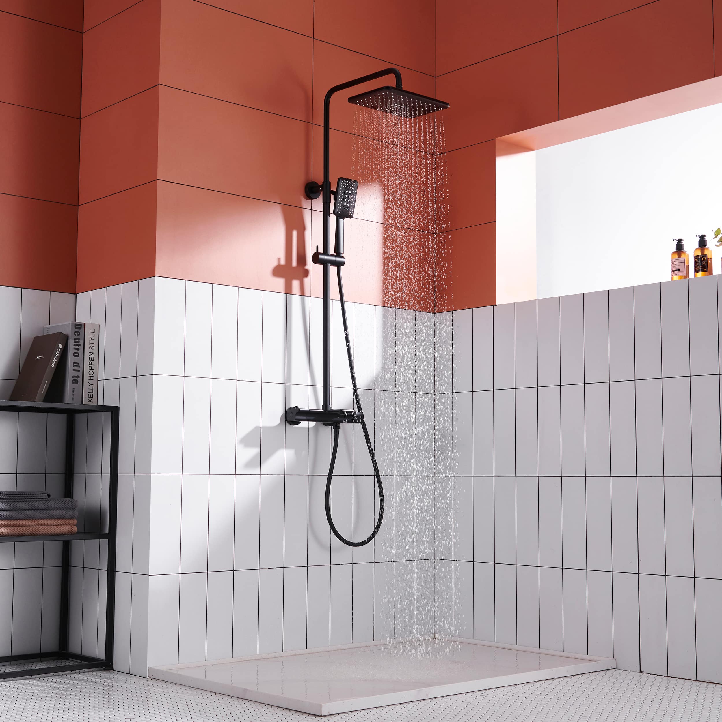 Wall Mount Thermostatic Rain Shower System with Handheld Shower and Tub Spout in Matte Black-Boyel Living