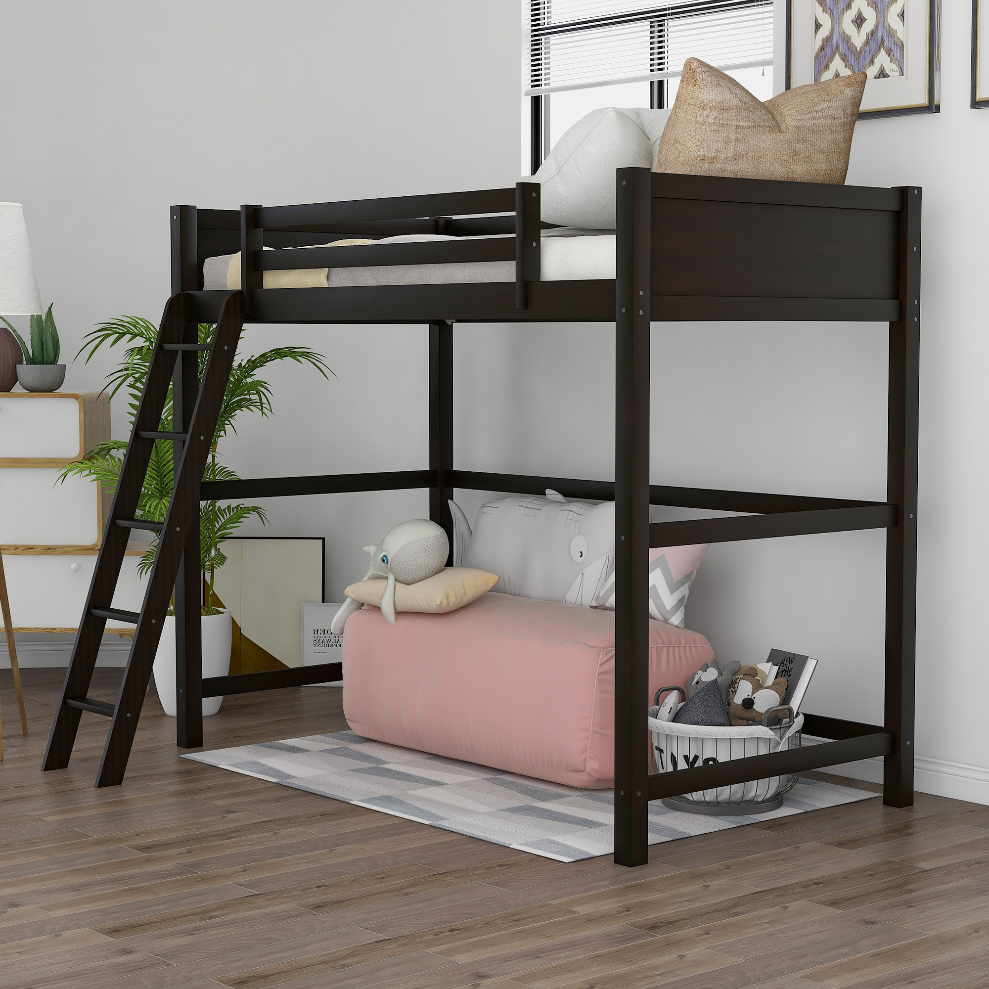 Solid Wood Twin Size Loft Bed with Ladder(Espresso)-Boyel Living