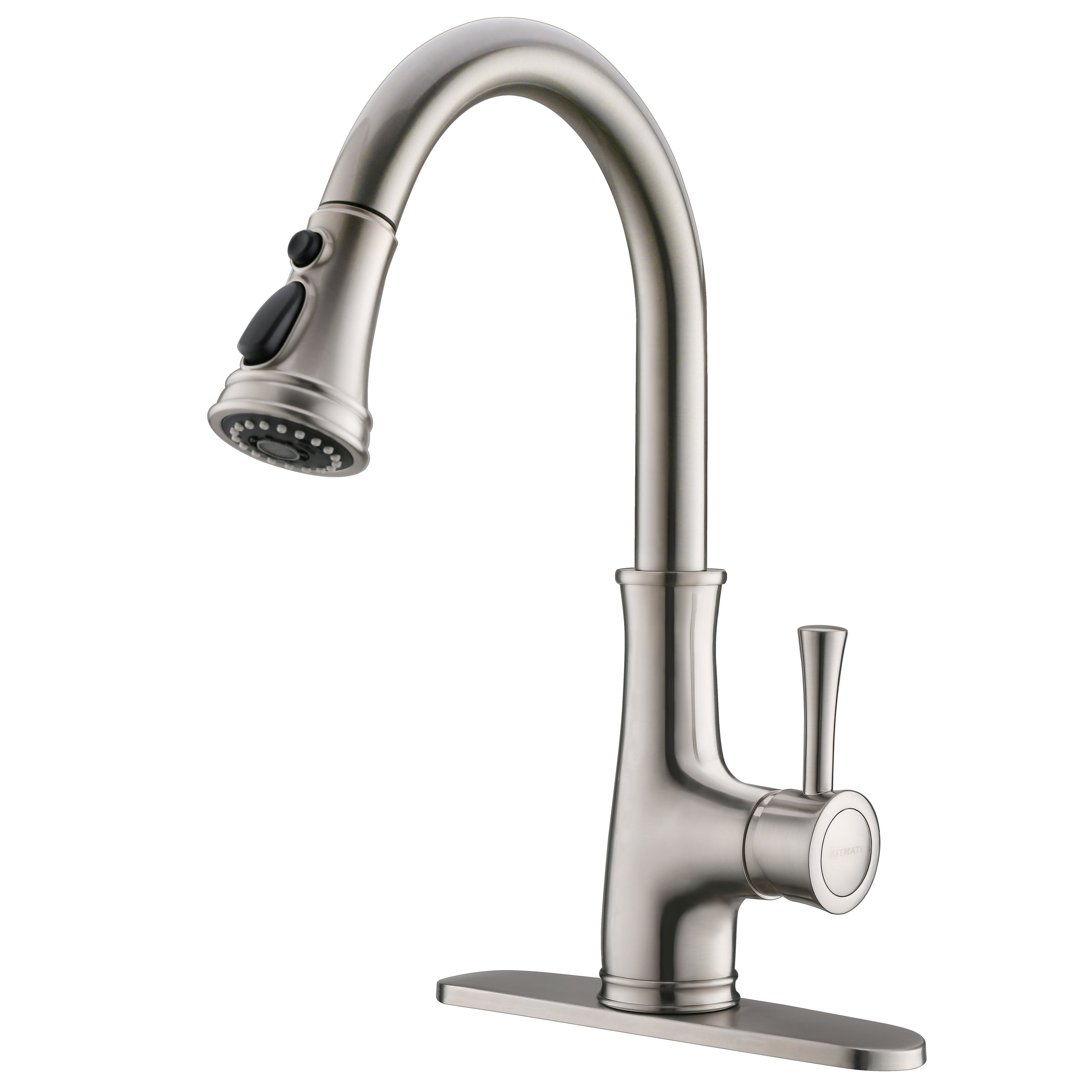 Single-Handle No Sensor Gooseneck Pull-Down Sprayer Kitchen Faucet with Deckplate Included in Brushed Nickel-Boyel Living
