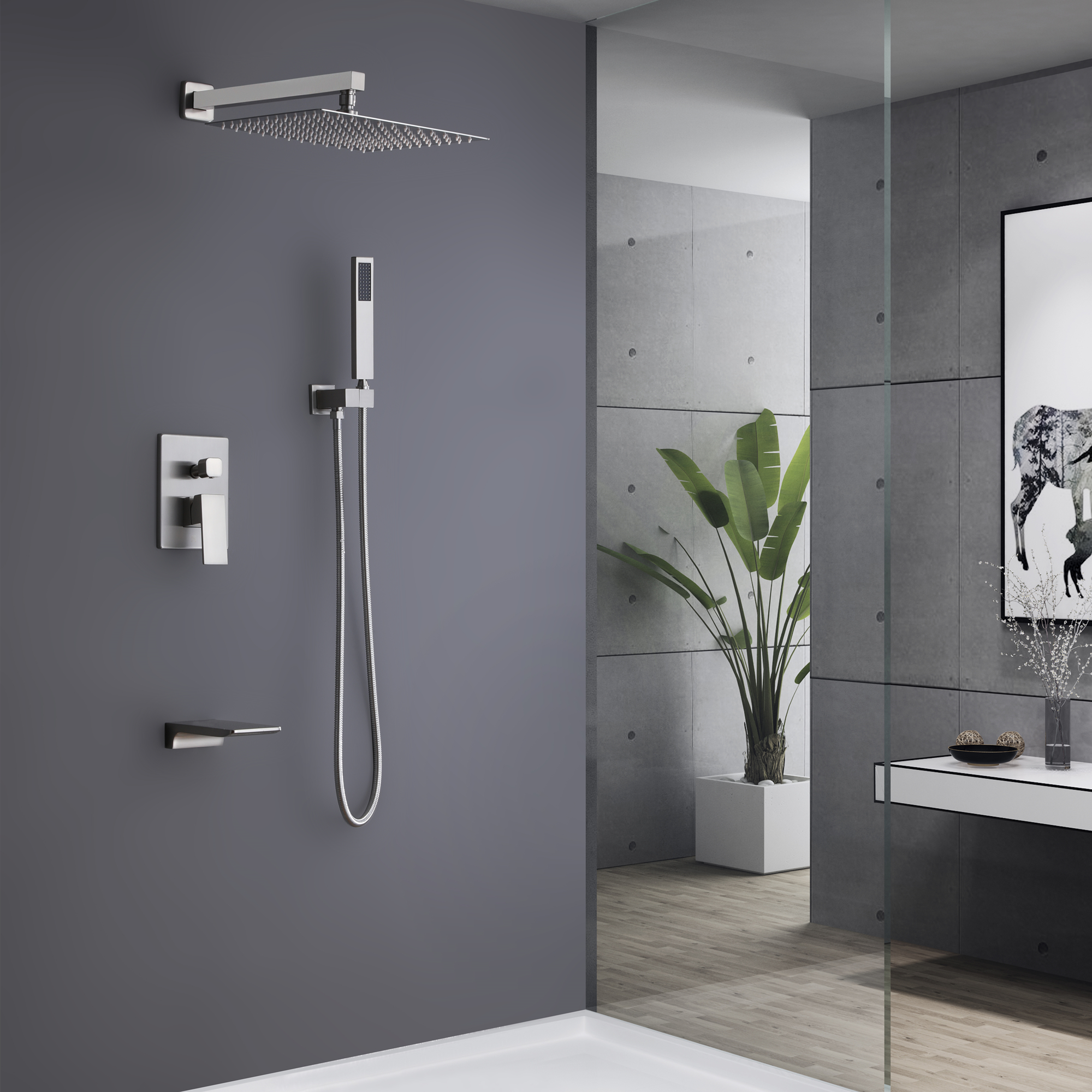 Trustmade Wall Mounted Square Rainfall Pressure Balanced Complteted Shower System with Rough-in Valve, 3 Function, 10 inches Brushed Nickel - 3W02-Boyel Living