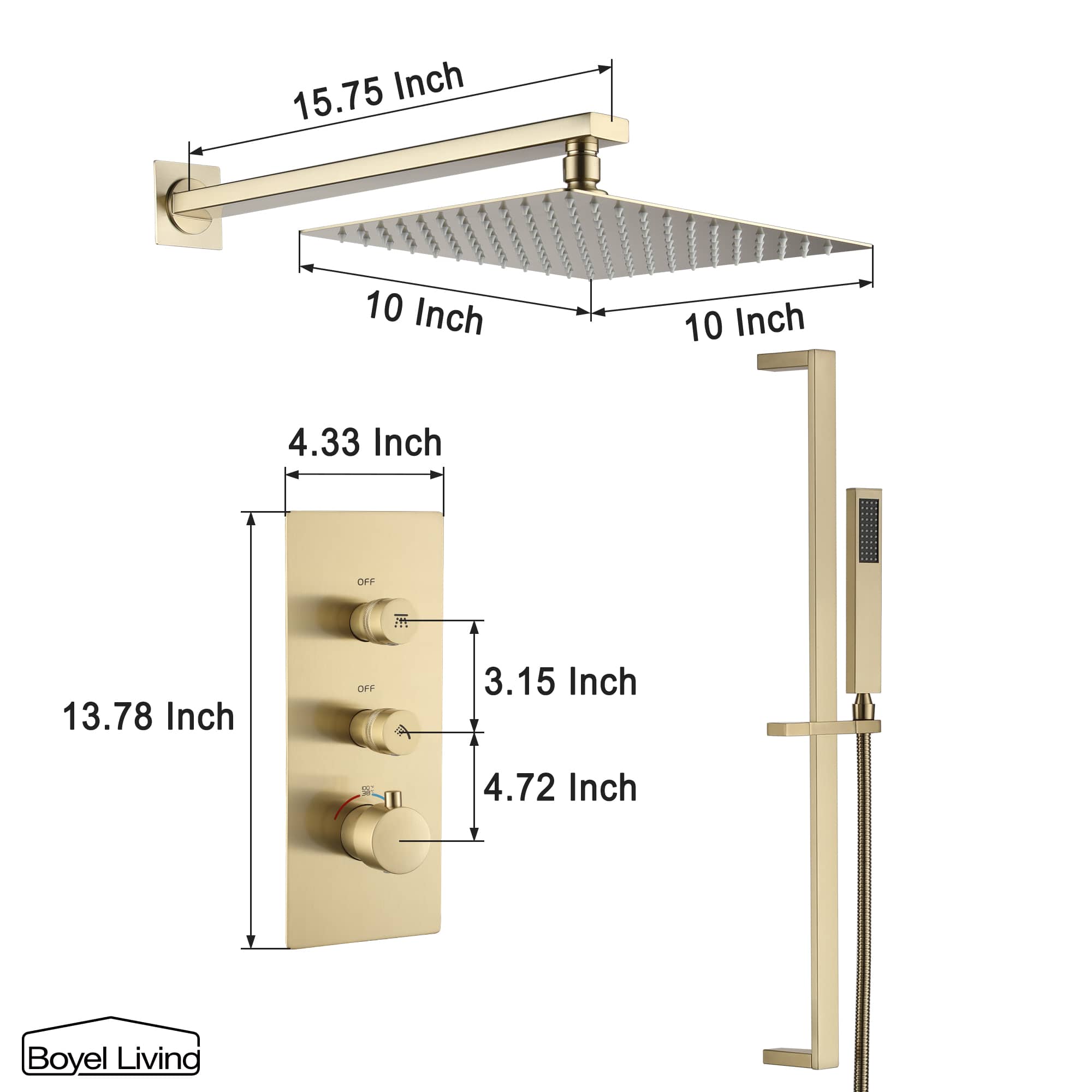Boyel Living Wall-Mounted 2 GPM Bathroom Shower Faucets Set with Sliding Bar, 10-Inch Square Rainfall Shower Head and Handheld Shower in Brushed Gold-Boyel Living