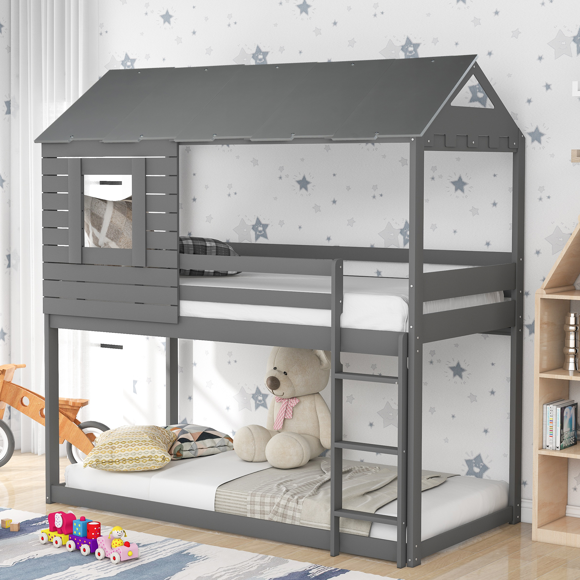 Twin Over Twin Bunk Bed Wood Loft Bed with Roof, Window, Guardrail, Ladder (Gray)-Boyel Living
