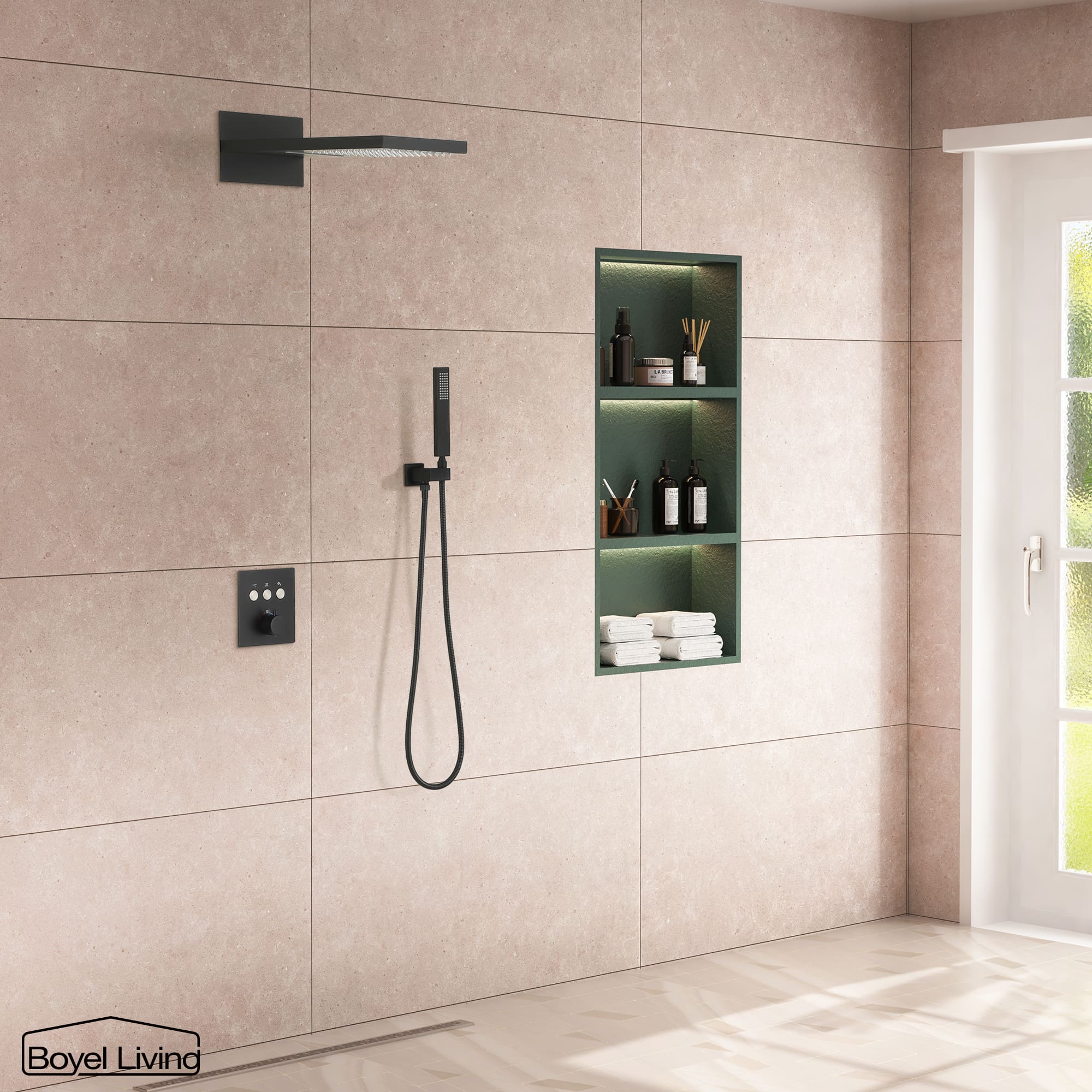 Boyel Living Rainfall & Waterfall 2 GPM 10 in. Wall Mount Dual Shower Heads System with Handheld Shower and Pressure Balance Valve-Boyel Living