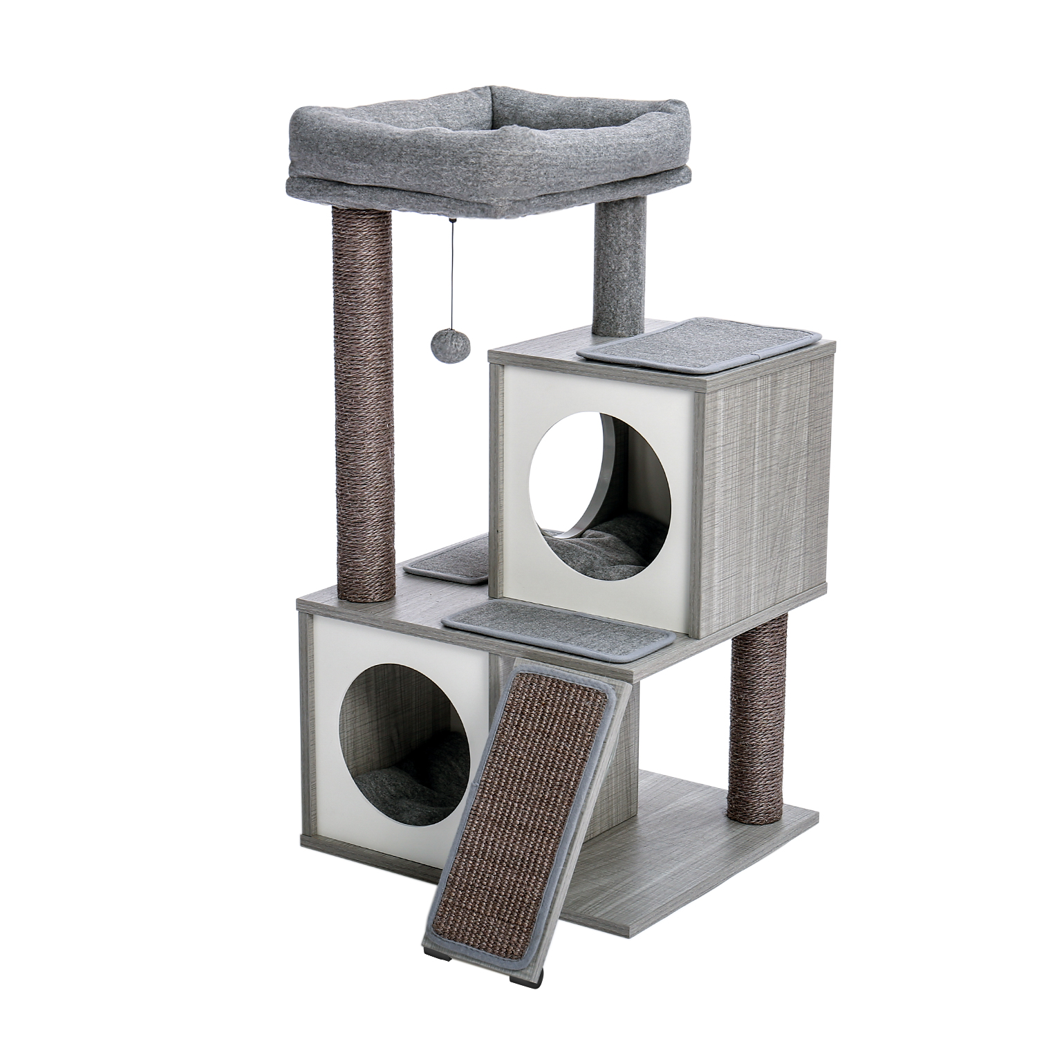 Cat Tree Luxury 34 Inches Cat Tower with Double Condos, Spacious Perch, Fully Wrapped Scratching Sisal Posts and Replaceable Dangling Balls Gray-Boyel Living
